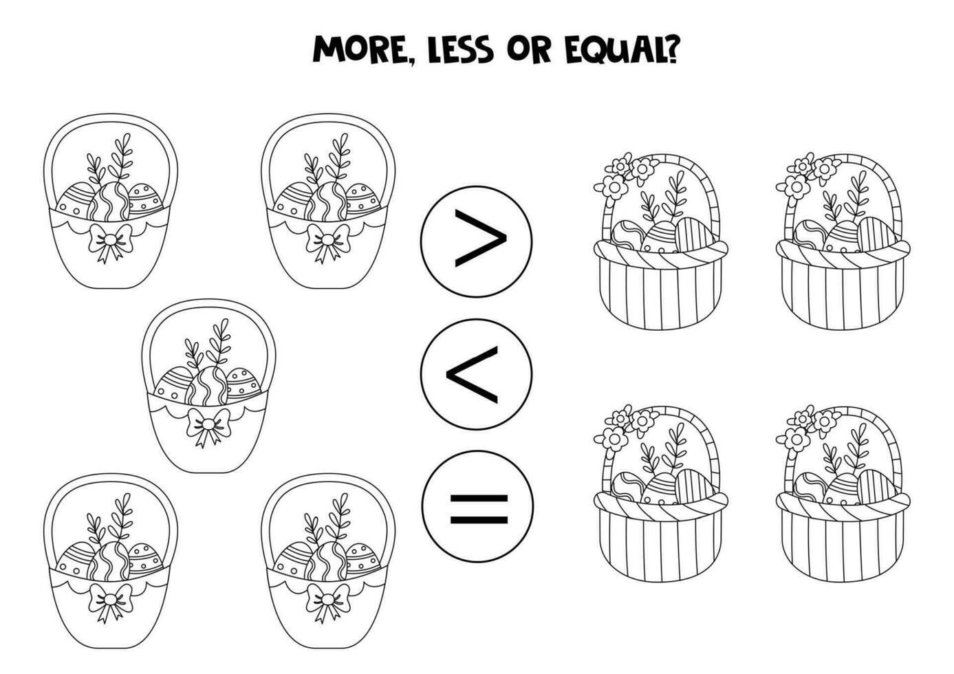 Grater, less or equal with cartoon black and white Easter baskets. vector