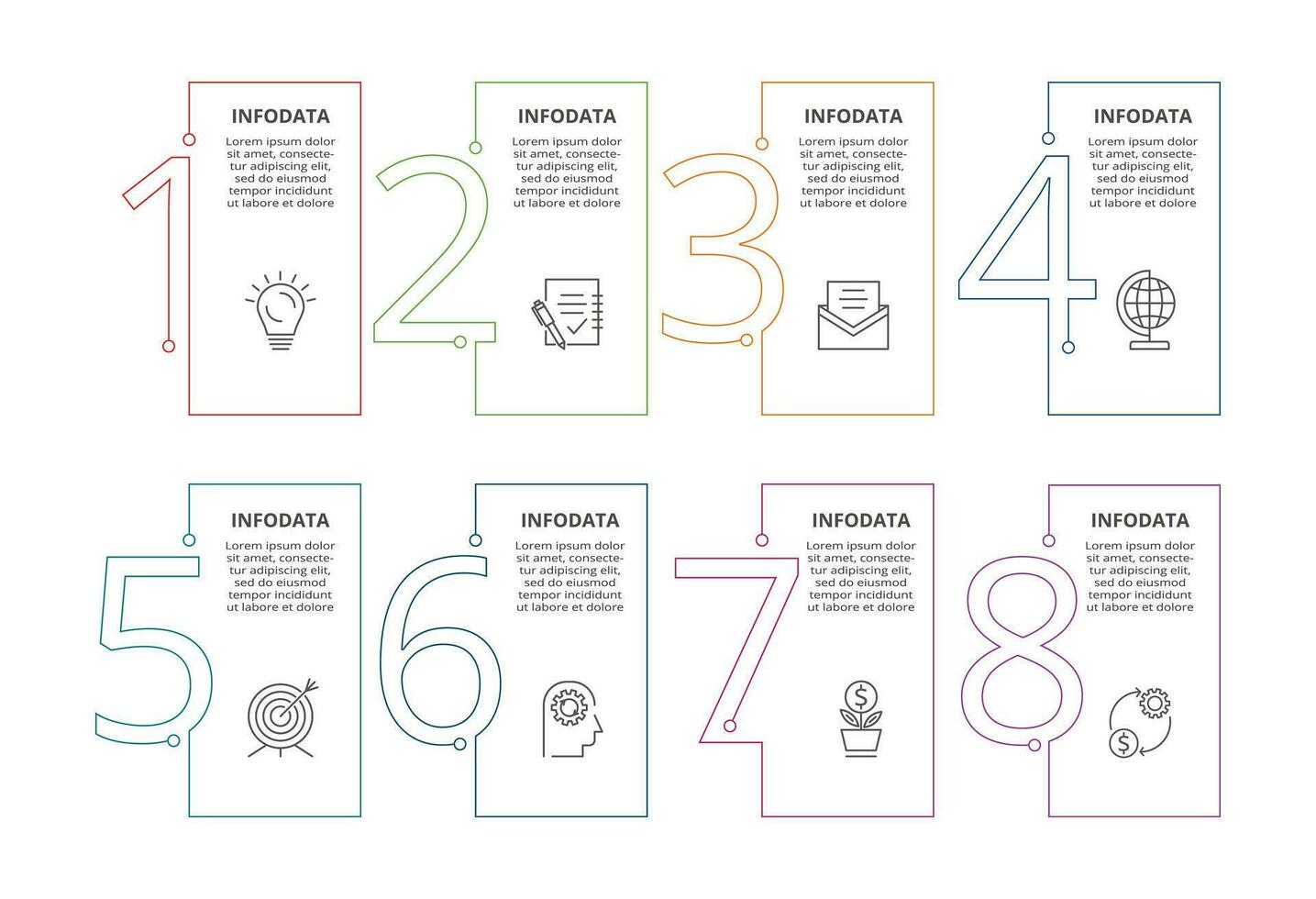 línea concepto para infografía con 8 pasos, opciones, partes o procesos. negocio datos visualización. vector