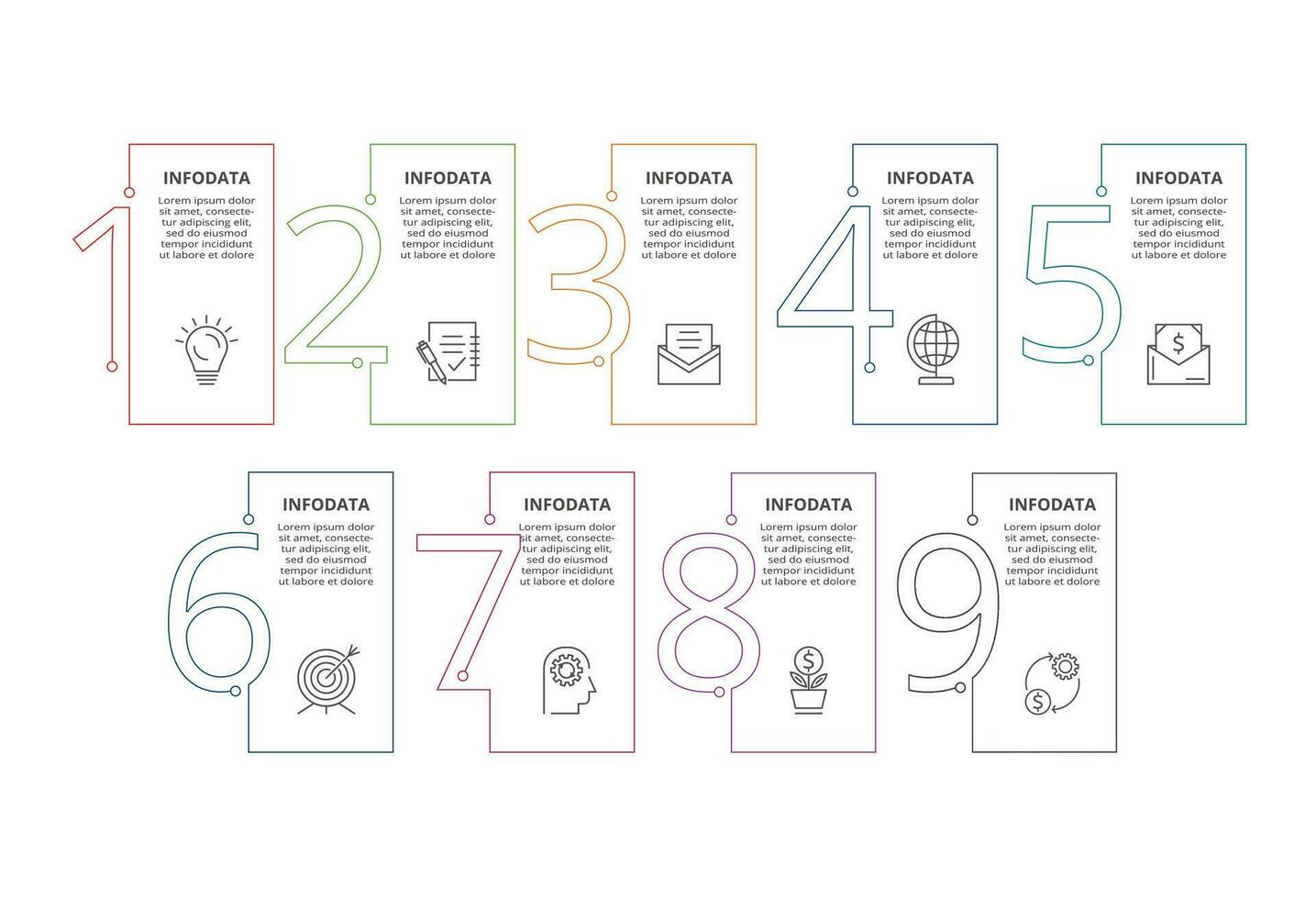 línea concepto para infografía con 9 9 pasos, opciones, partes o procesos. negocio datos visualización. vector