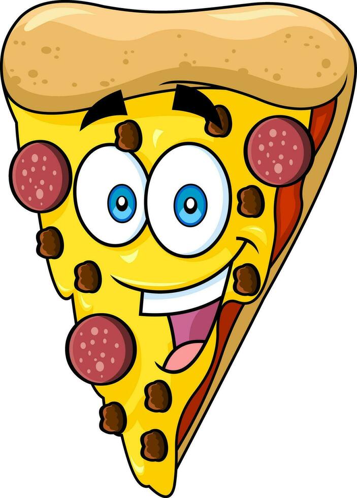 Happy Pepperoni Pizza Slice Cartoon Character. Vector Hand Drawn Illustration