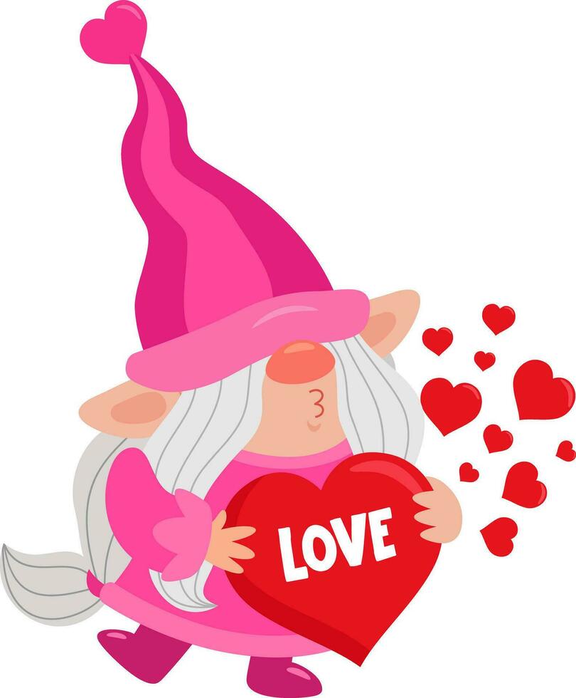 Cute Valentine Female Gnome Cartoon Character Sends Kisses And Holding Red Love Heart vector