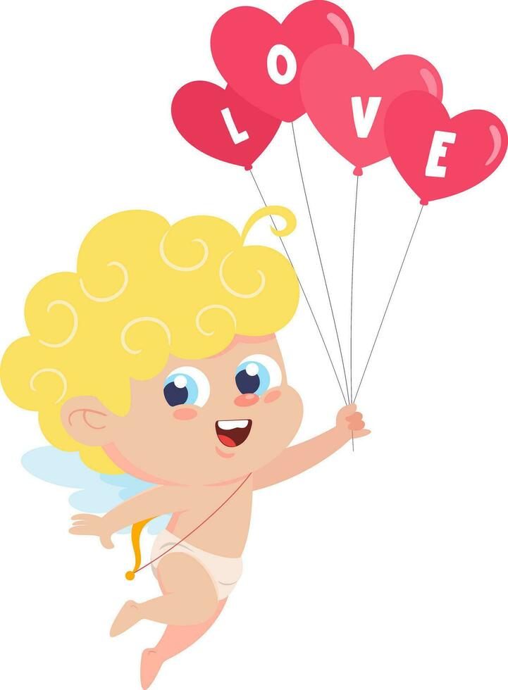 Cute Cupid Angel Cartoon Character Flying With Heart Balloons And Text Love vector