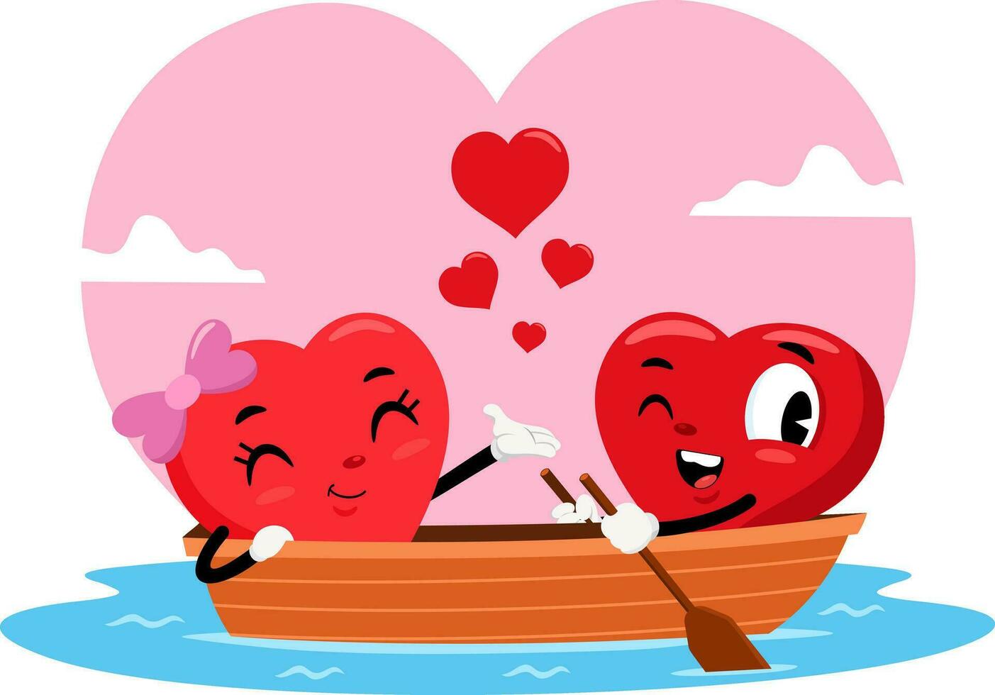 Romantic Red Hearts Couple Retro Cartoon Characters On Boat Rowing vector