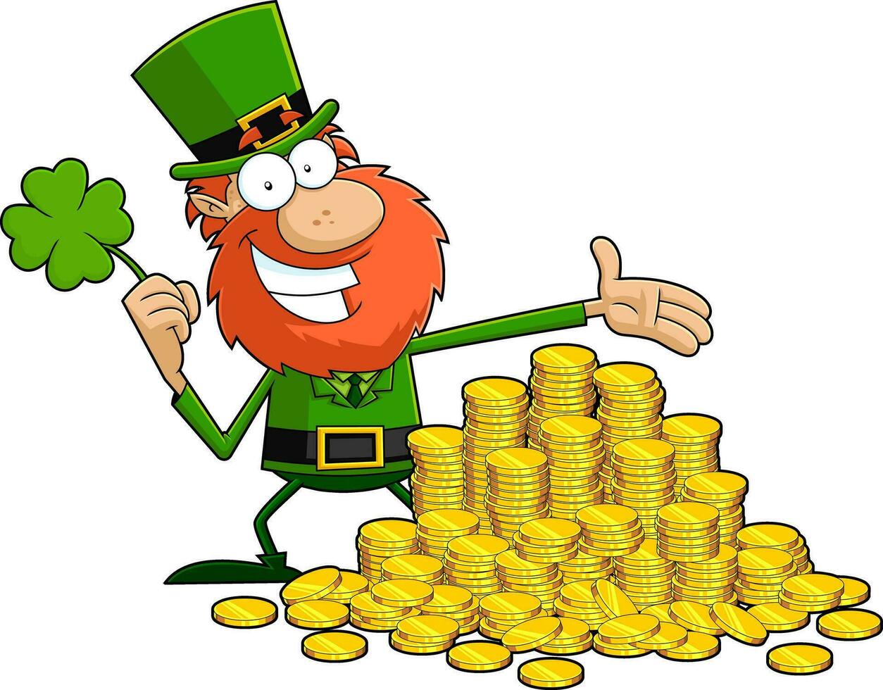 Smiling Leprechaun Cartoon Character With Shamrock And Pile Of Gold Coins vector