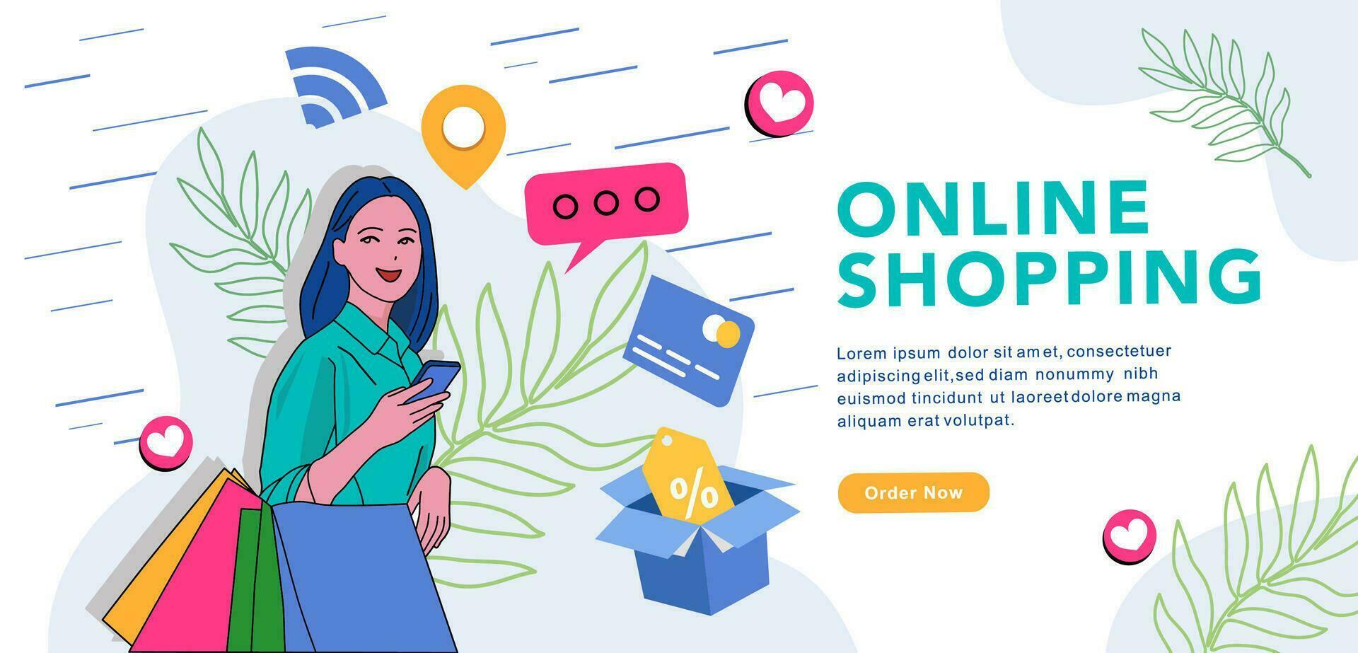 Hand drawn online shopping horizontal banner. vector