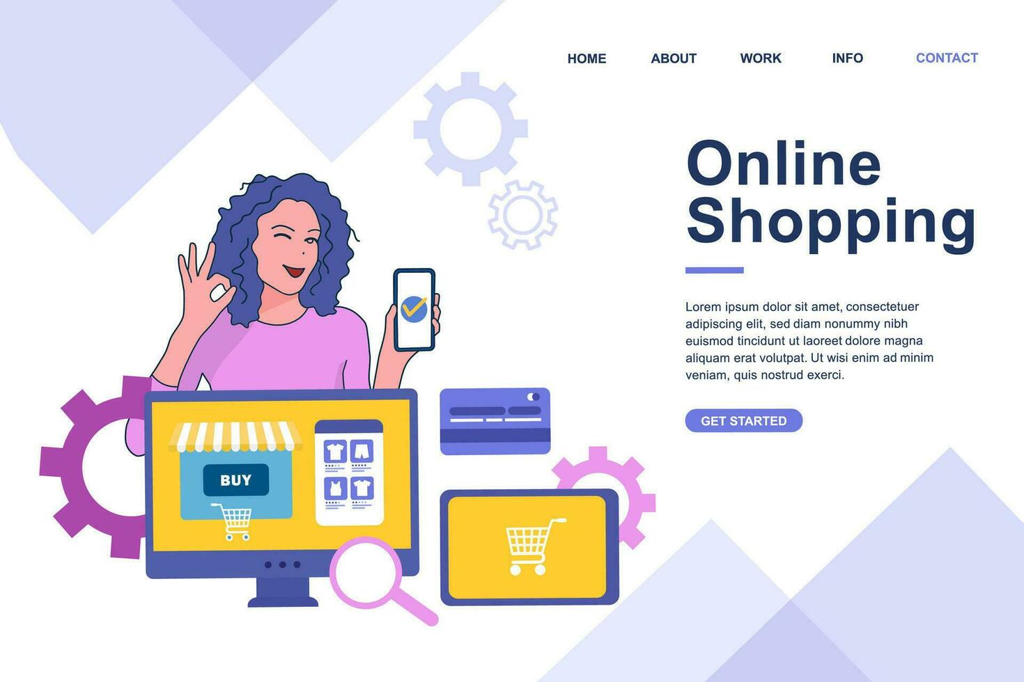 Landing page template of Online Shopping. Online shopping store with mobile , credit cards and shop elements. vector