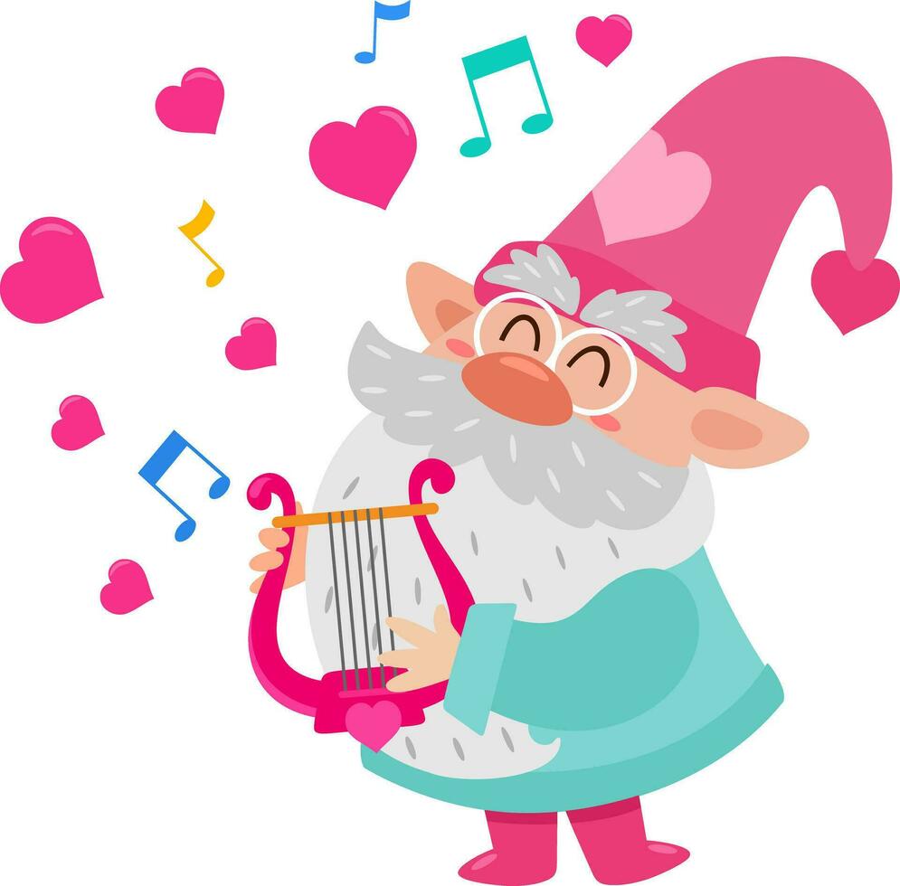 Cute Valentine Gnome Cartoon Character Sing A Love Song With Harp vector