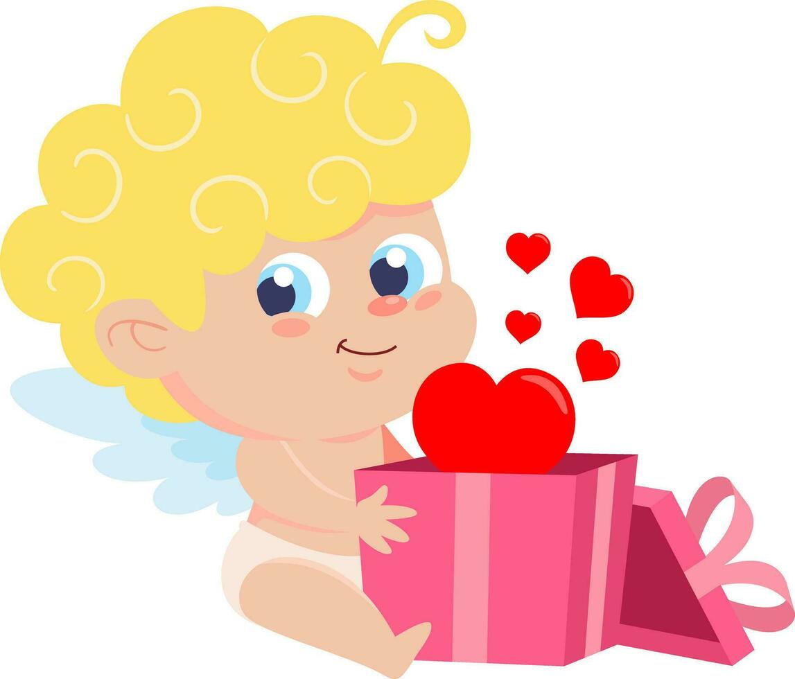 linda Cupido ángel dibujos animados personaje participación regalo caja con rojo corazones vector