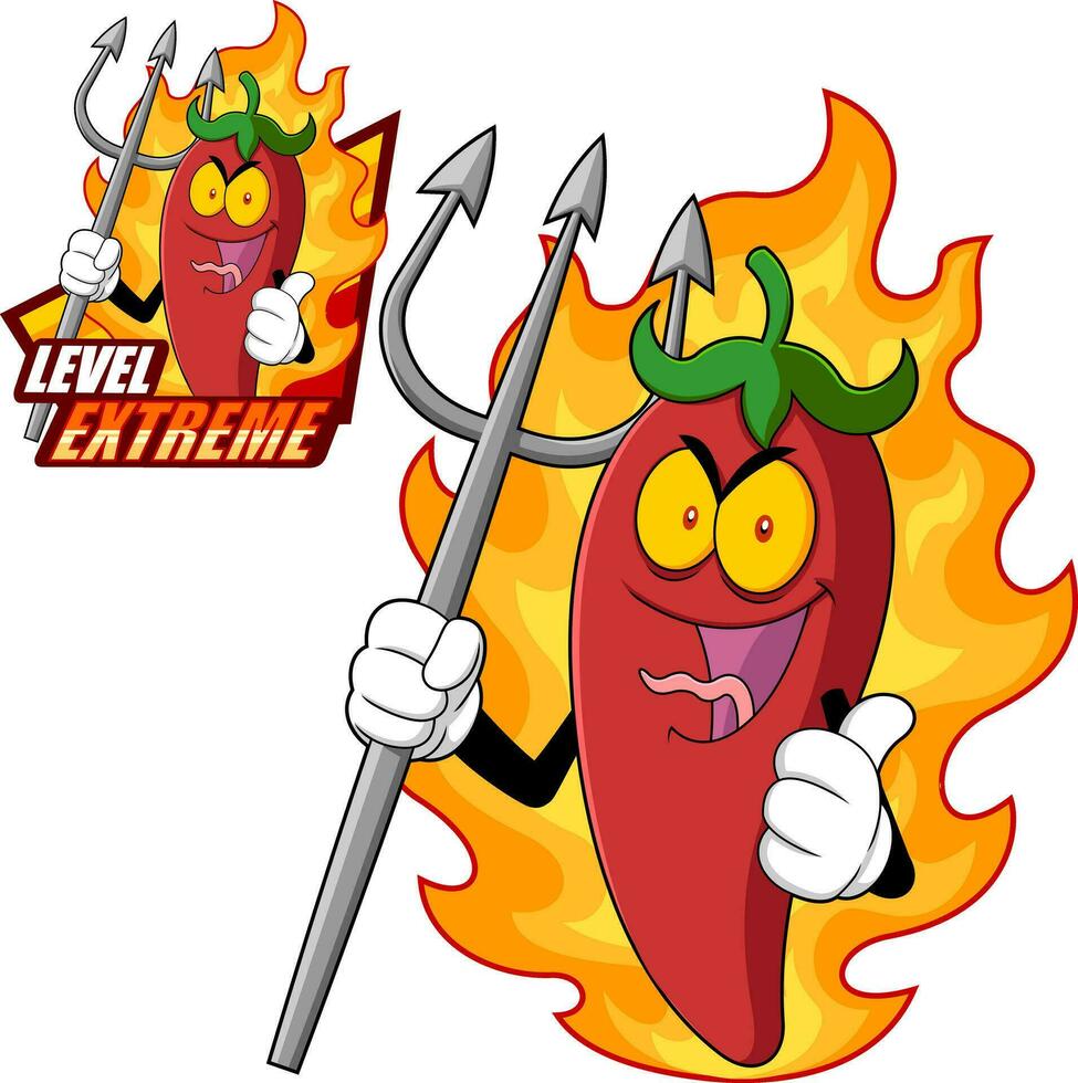 Devil Hot Chili Pepper Cartoon Character Logo Design. Vector Hand Drawn Illustration