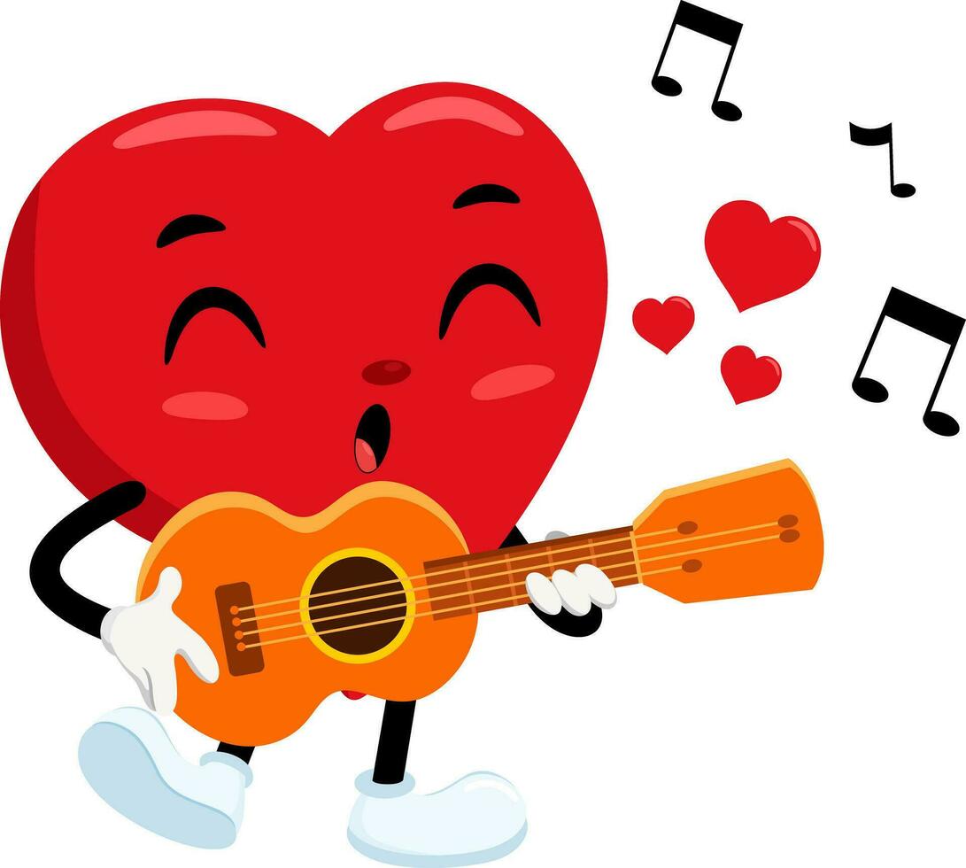 Cute Red Heart Retro Cartoon Character Playing A Guitar And Singing vector
