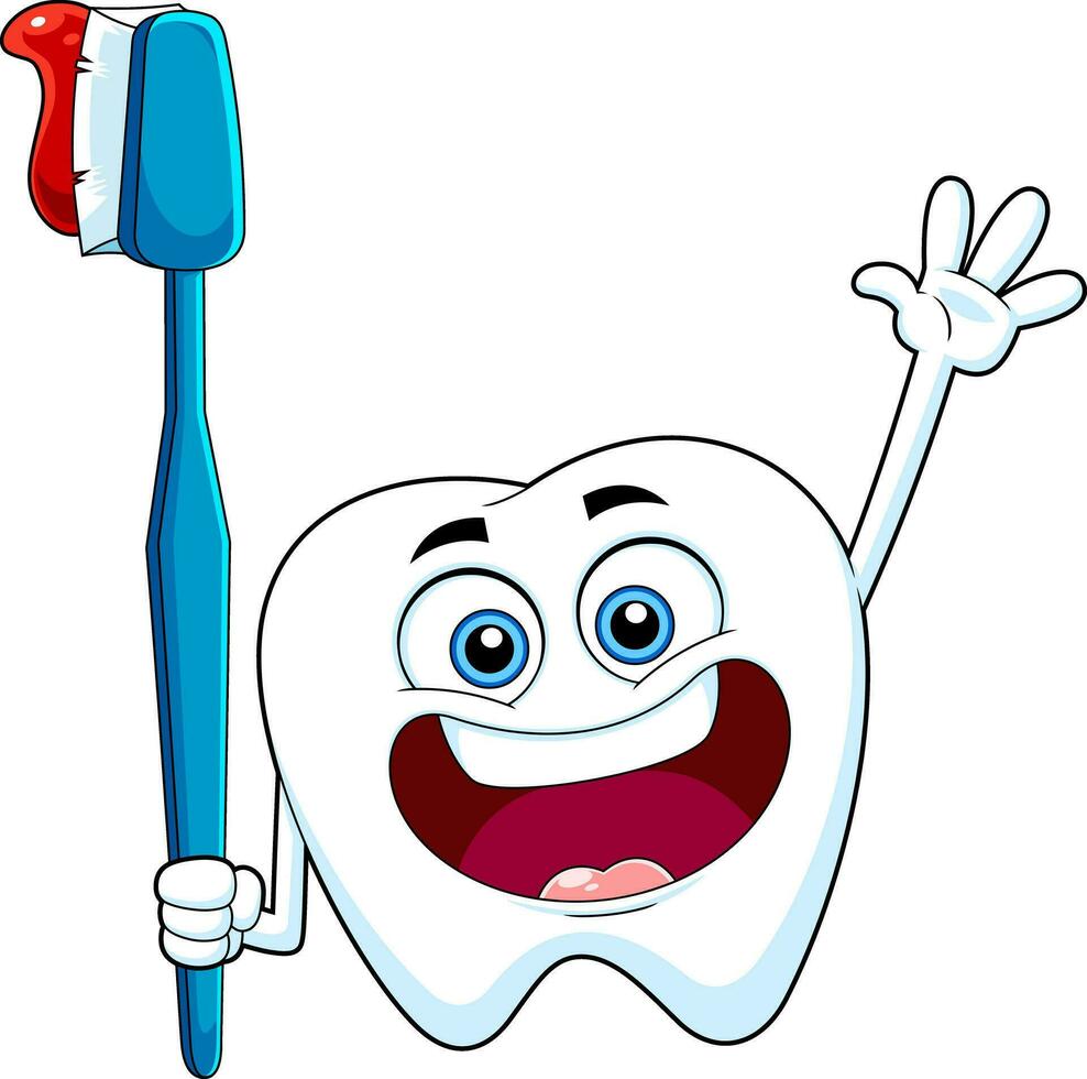 Cute Tooth Cartoon Character Holding A Toothbrush And Waving. Vector Hand Drawn Illustration