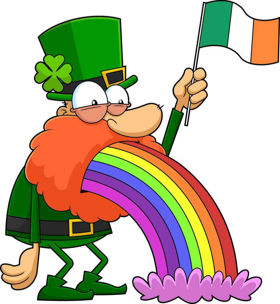 Funny Leprechaun Cartoon Character Throwing Up Rainbows And Waving An Irish Flag vector
