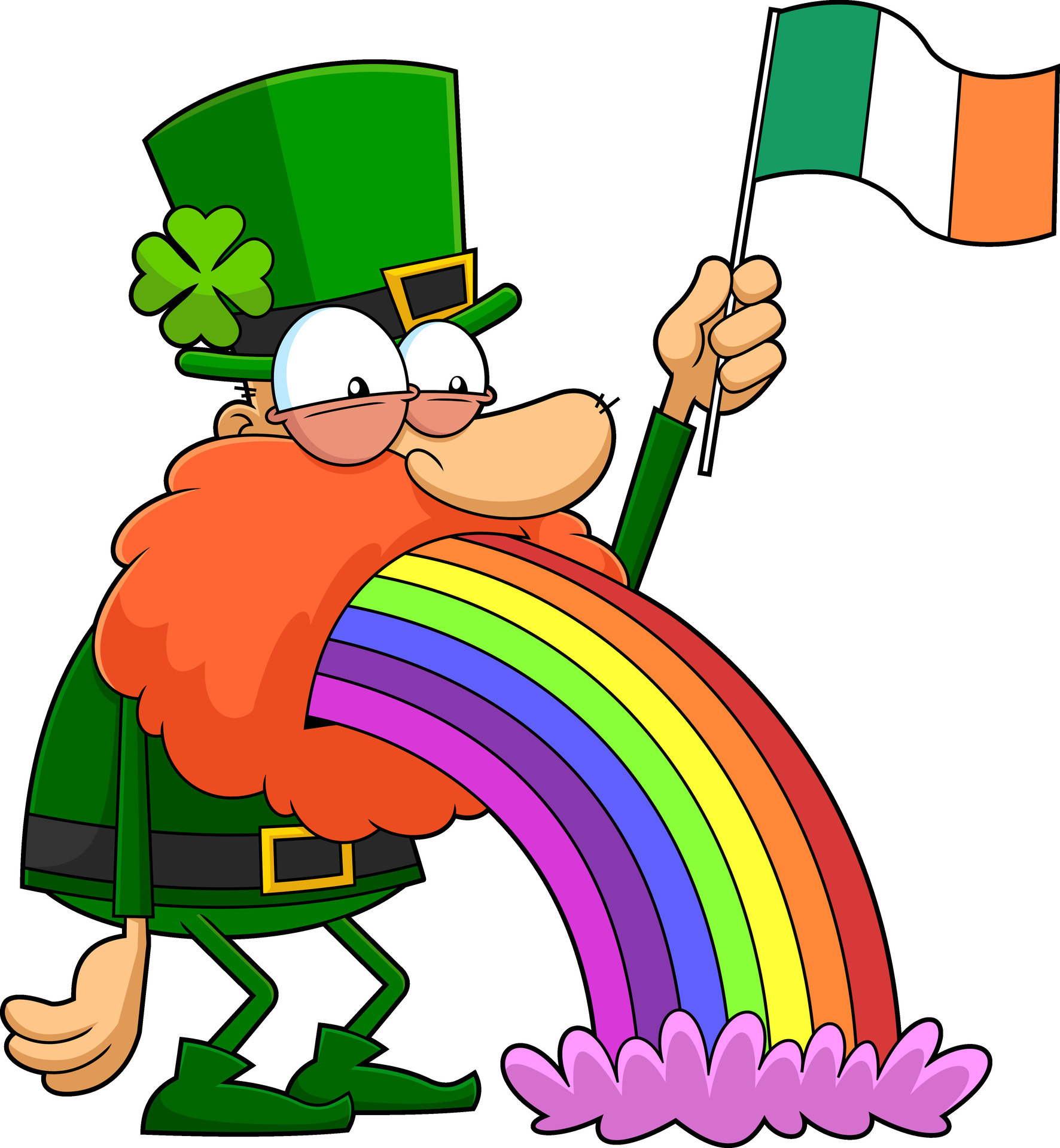 Funny Leprechaun Cartoon Character Throwing Up Rainbows And Waving An