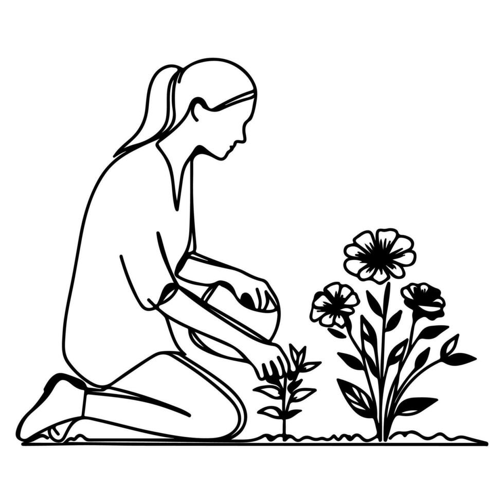 ai generado niña sentado y escogido flores línea Arte dibujo estilo negro lineal bosquejo aislado en transparencia vector