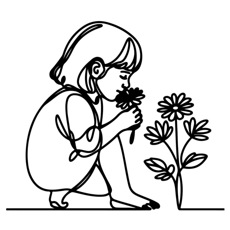 ai generado niña sentado y escogido flores línea Arte dibujo estilo negro lineal bosquejo aislado en transparencia vector