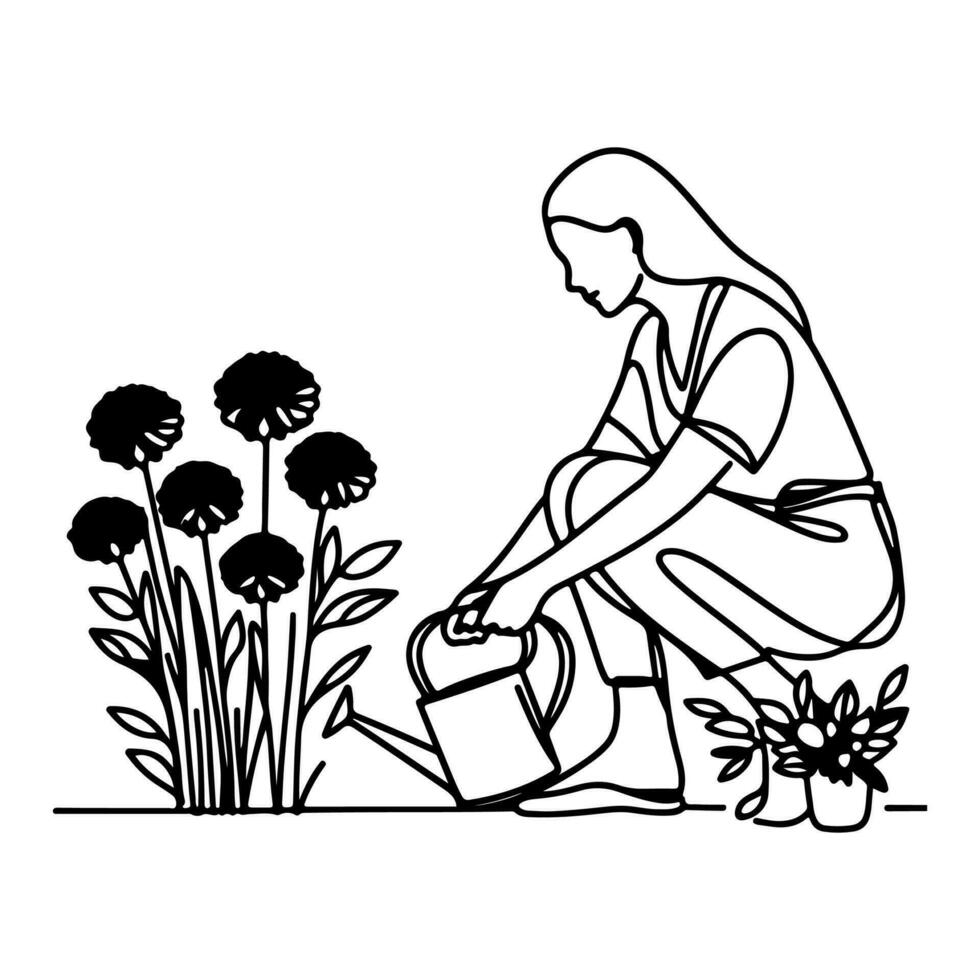 AI generated girl sitting and picked flowers line art drawing style black linear sketch isolated on transparency vector