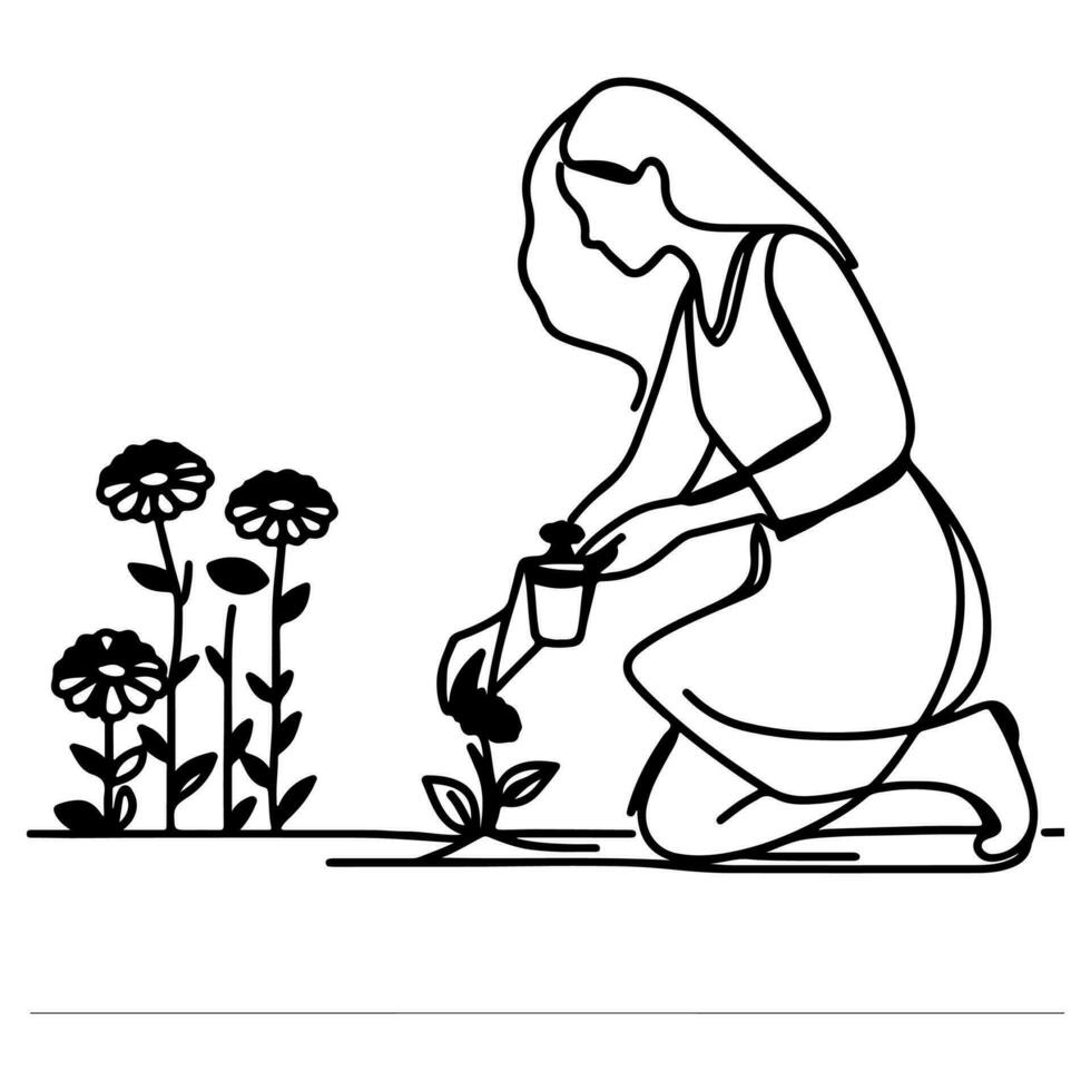 AI generated girl sitting and picked flowers line art drawing style black linear sketch isolated on transparency vector