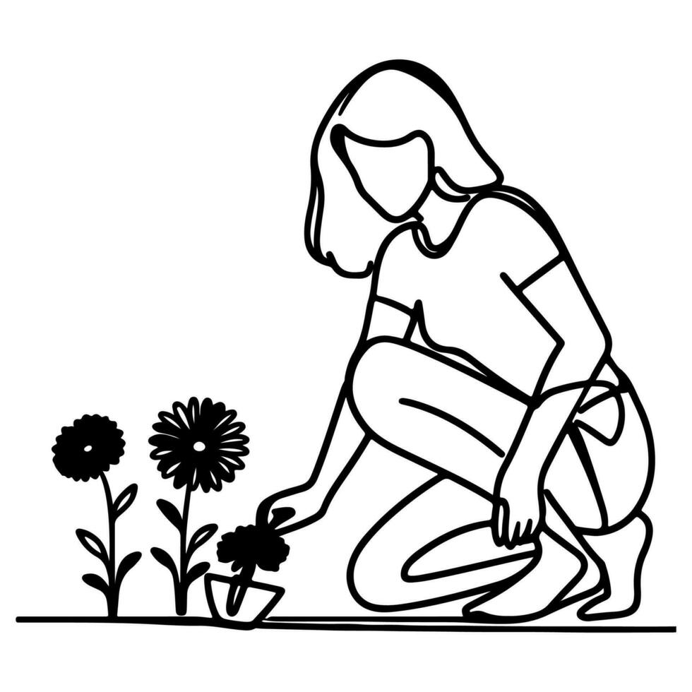 AI generated girl sitting and picked flowers line art drawing style black linear sketch isolated on transparency vector