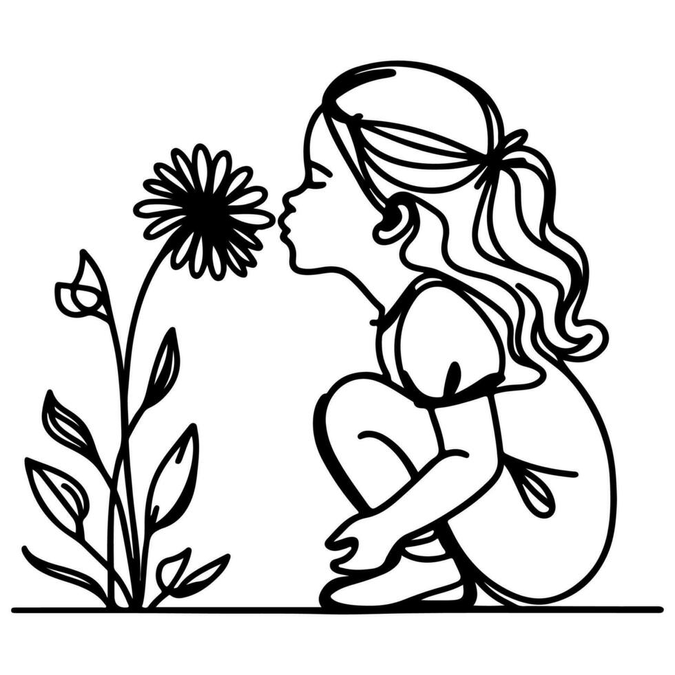 ai generado niña sentado y escogido flores línea Arte dibujo estilo negro lineal bosquejo aislado en transparencia vector