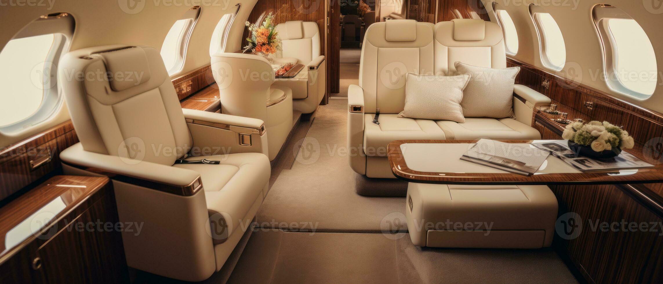 AI generated Luxurious private jet interior, leather seats, plush upholstery. AI generative. photo