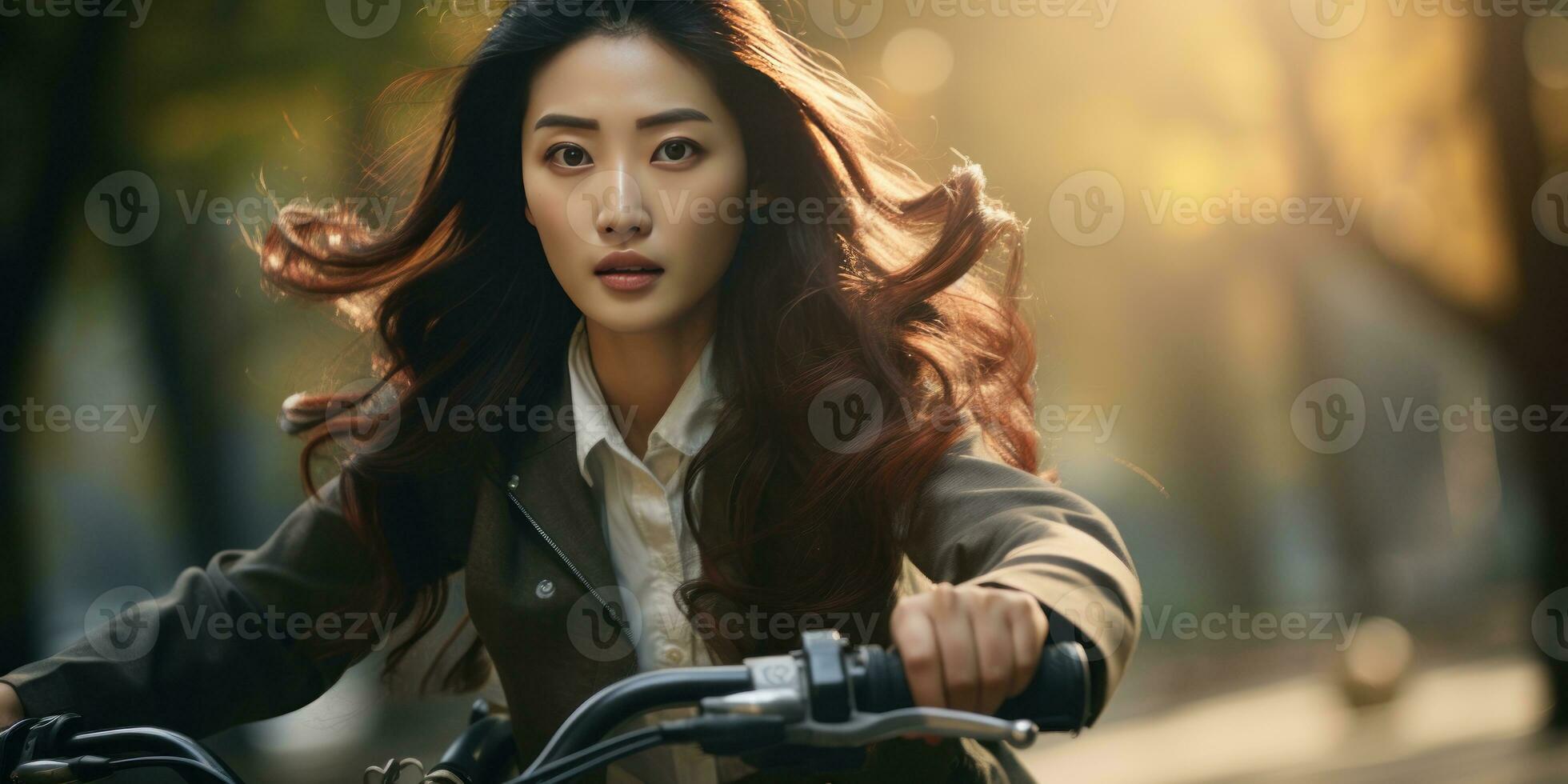 AI generated Elegant office-style Asian girl on bike. AI generative. photo