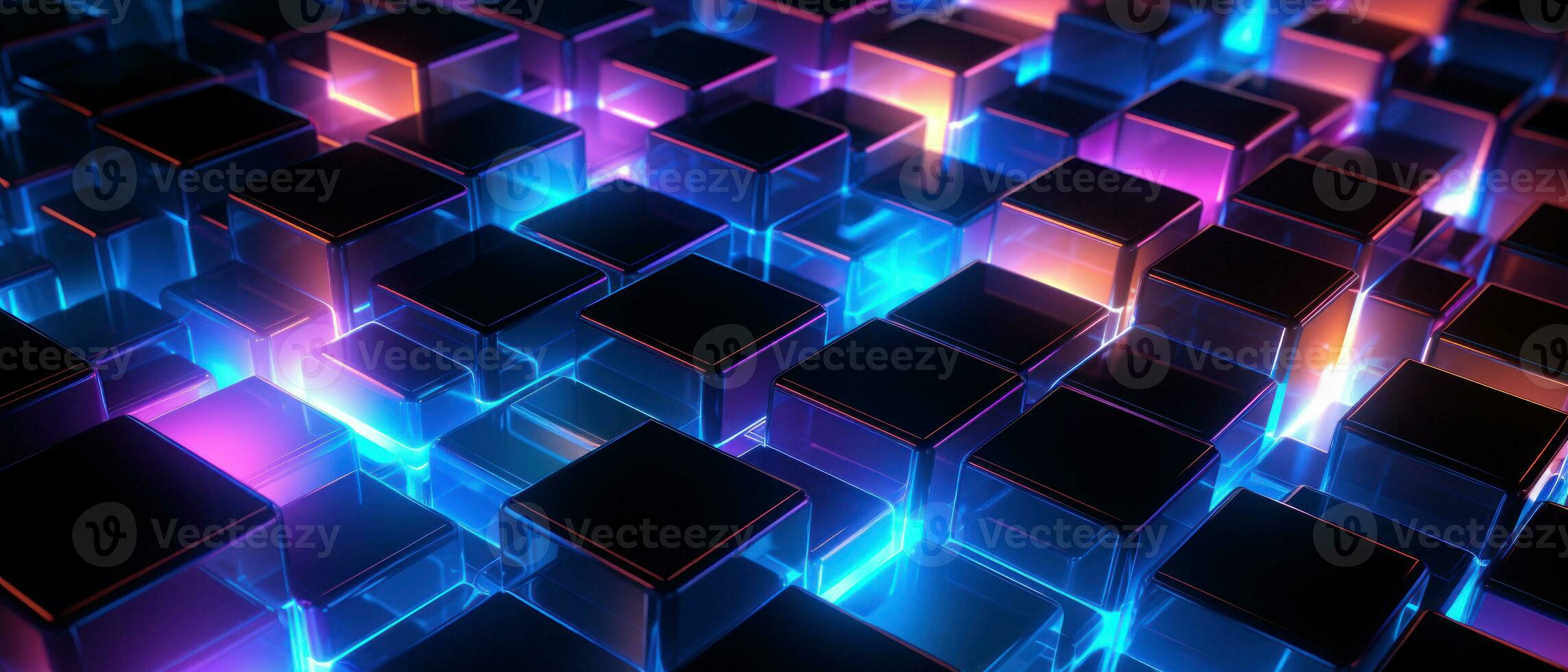 AI generated Bright neon elements and 3D cubes create a modern, tech-savvy atmosphere. photo