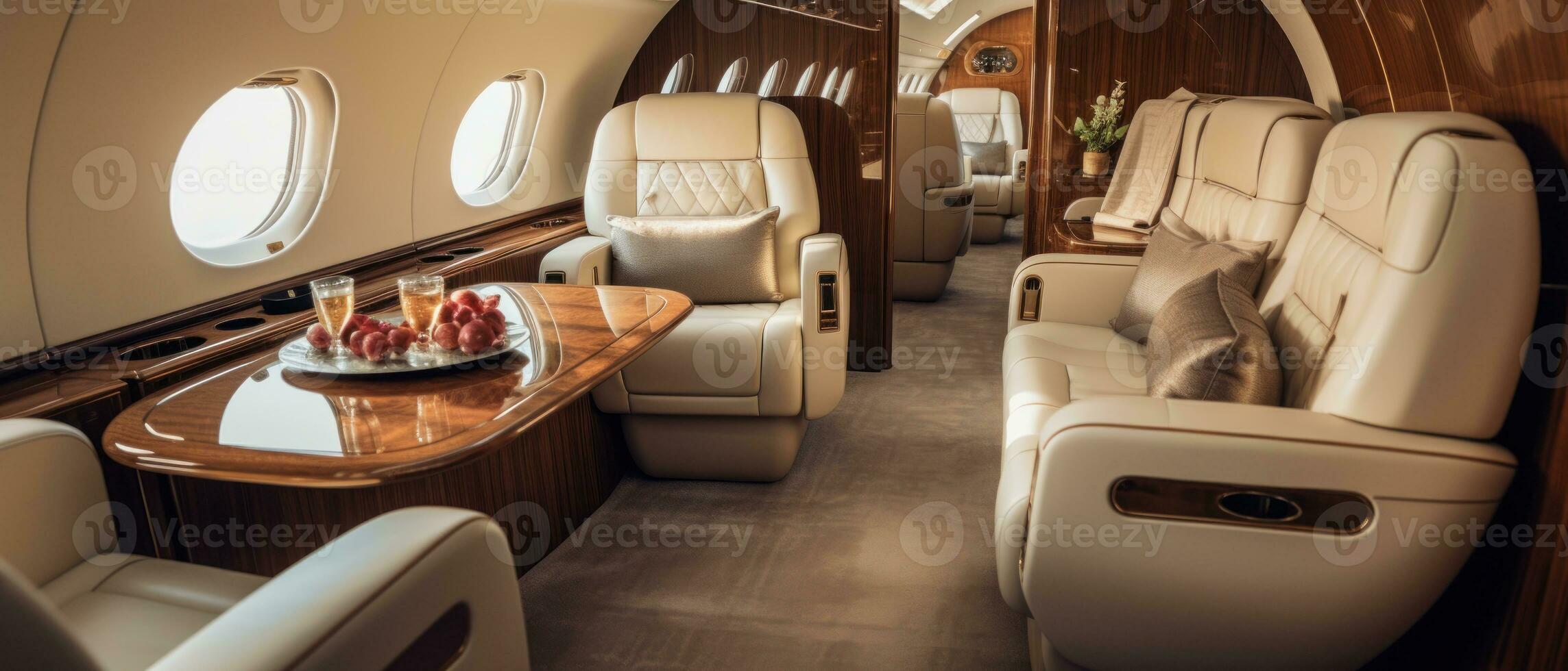 AI generated Luxurious private jet interior, leather seats, plush upholstery. AI generative. photo