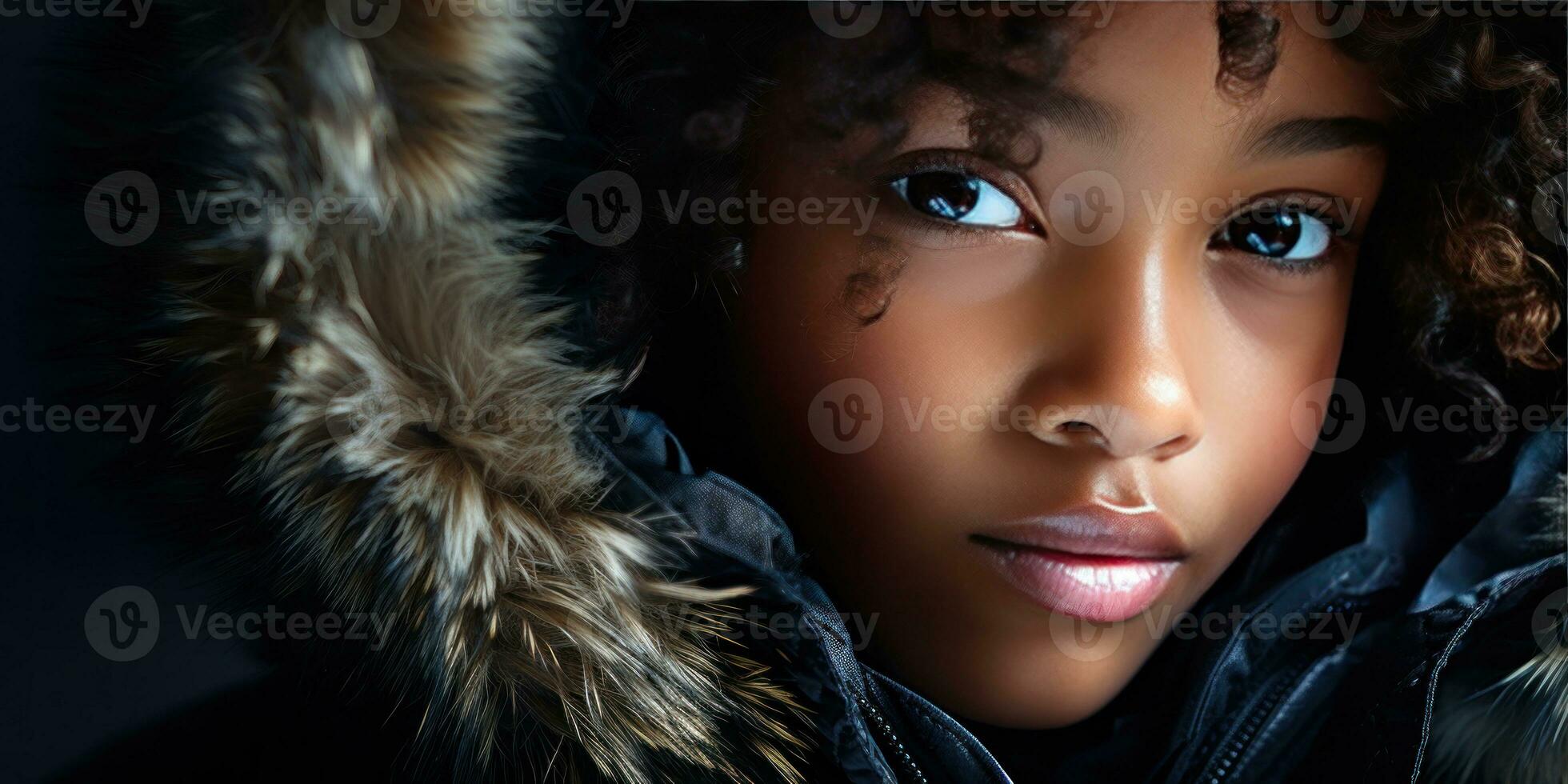 AI generated Close-up of a young black girl in a luxurious fur hooded coat. AI generative. photo