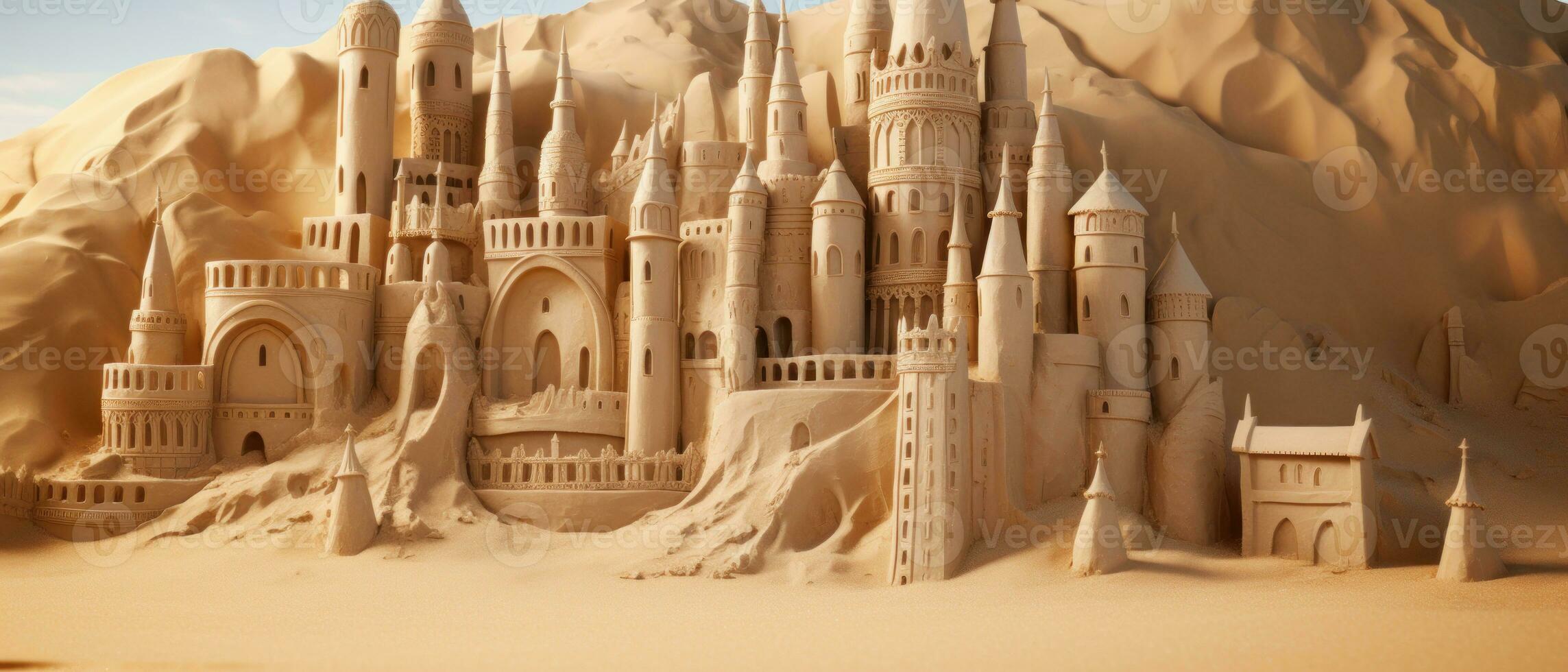 AI generated Magnificent sand castle on golden sand, with intricate towers. AI generative. photo