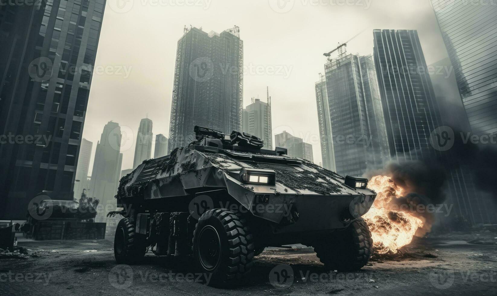 AI generated Intense battlefield scene. Burning armored military vehicle in city.  AI generative. photo