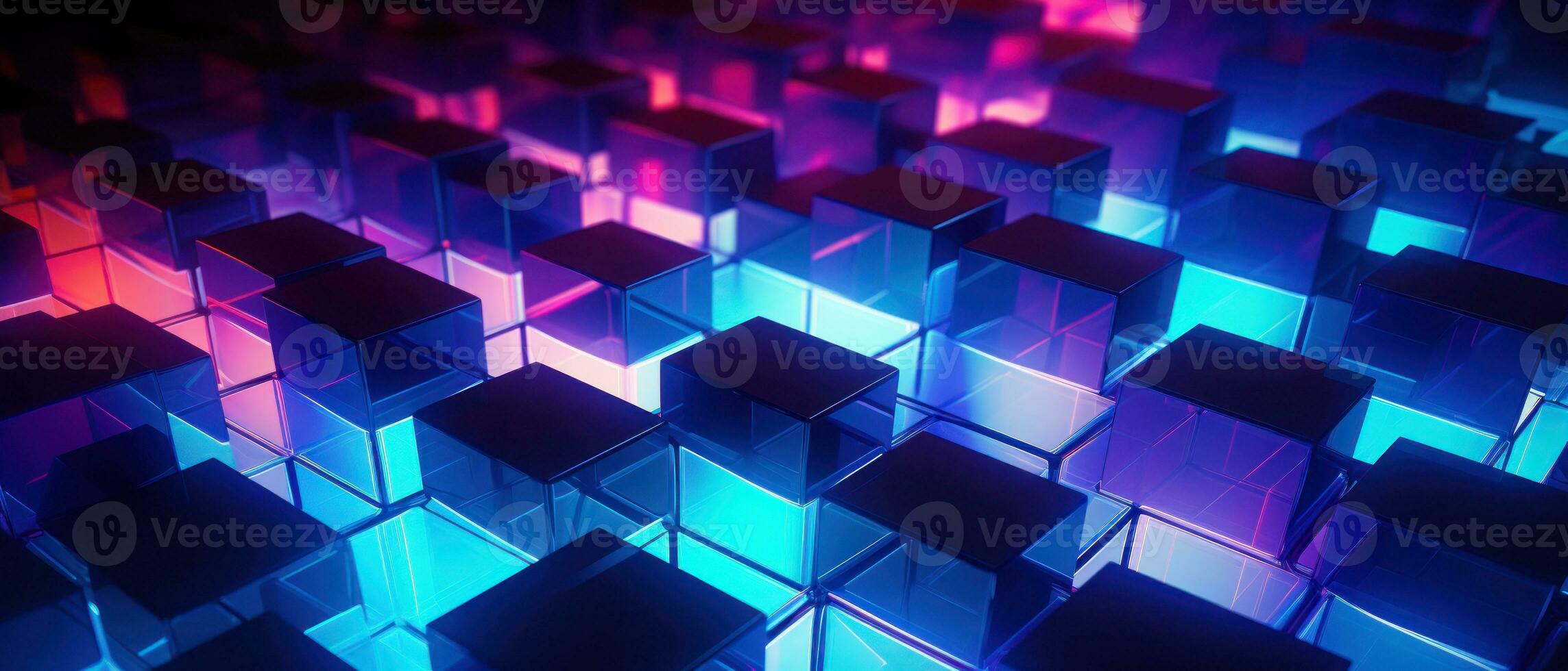 AI generated Bright neon elements and 3D cubes create a modern, tech-savvy atmosphere. photo
