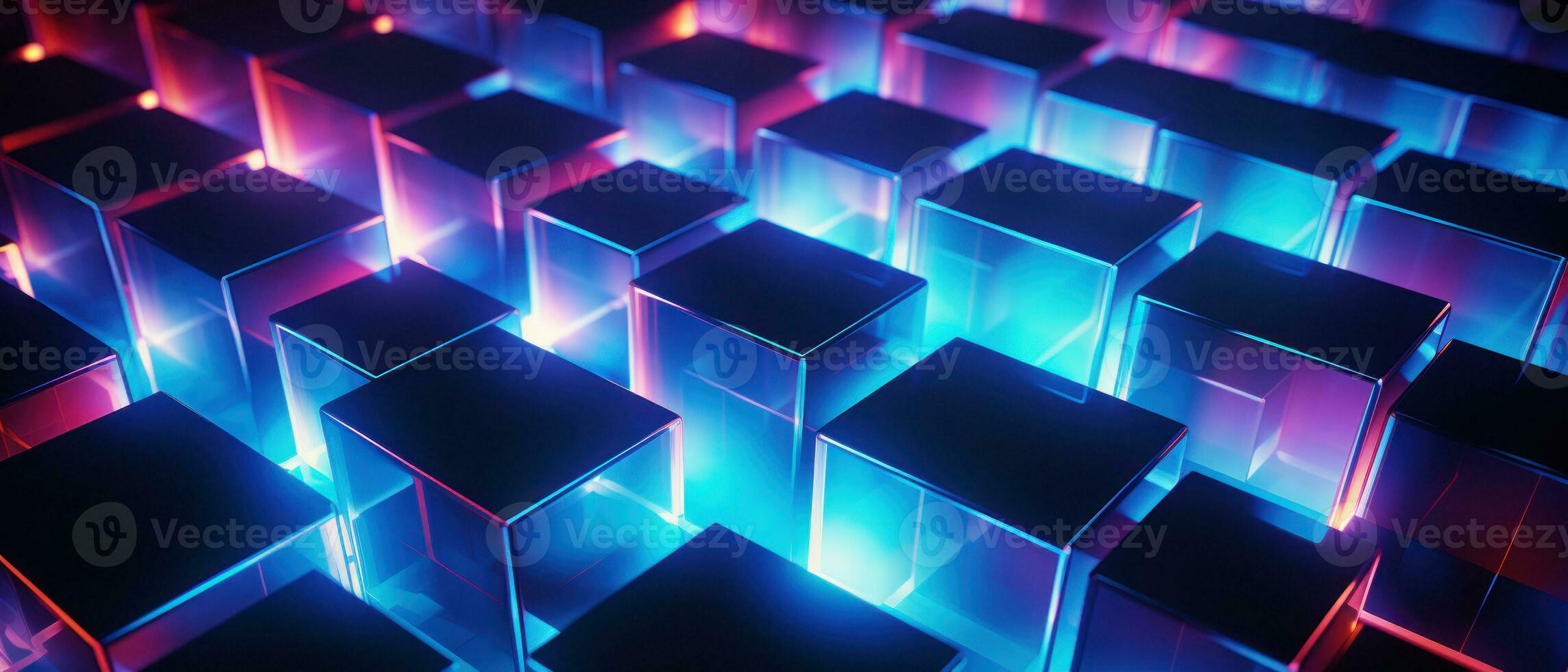 AI generated Bright neon elements and 3D cubes create a modern, tech-savvy atmosphere. photo