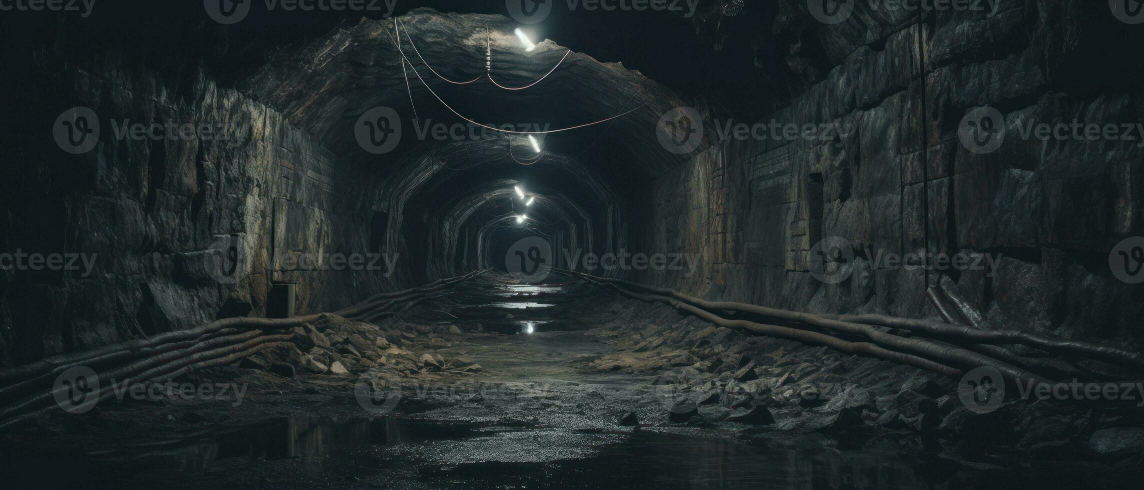 AI generated Eerie underground tunnel with abandoned train track. AI generative. photo