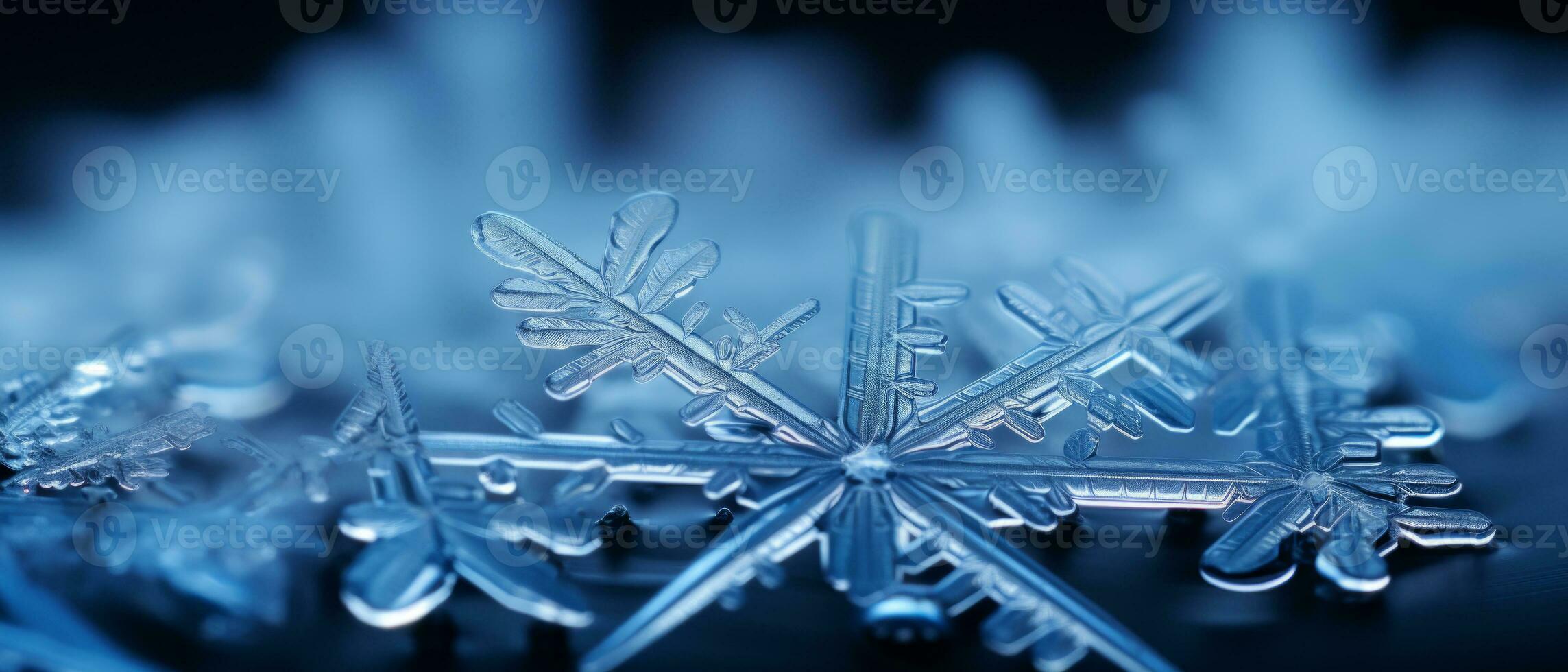 AI generated Stunning close-up of real, frosty snowflakes, their star-like shapes shining brightly. photo