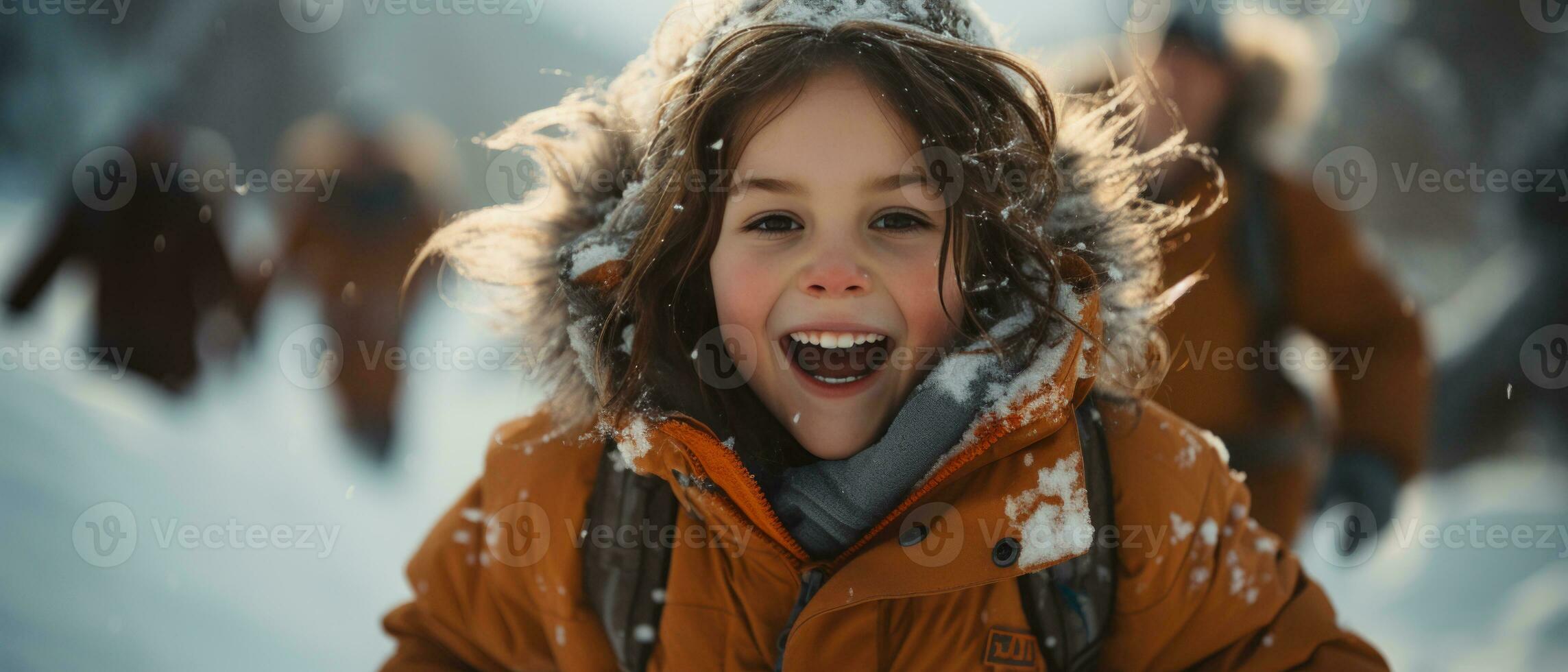 AI generated Portrait of a cheerful, little girl dressed in a warm winter coat and hat, laughing amidst a snowfall. photo
