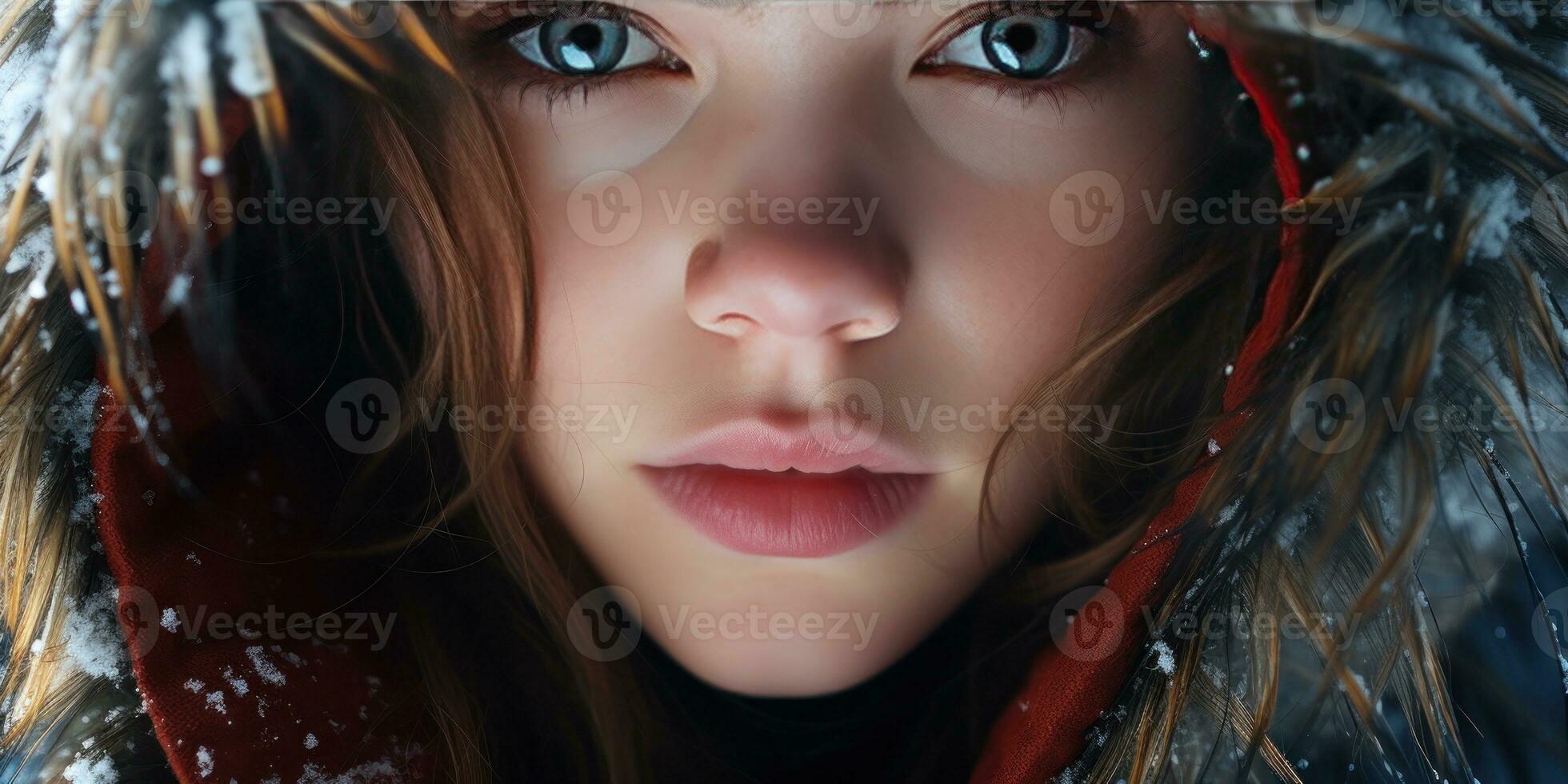 AI generated Close-up of woman in hooded coat, intense gaze, and detailed facial features. AI generative. photo