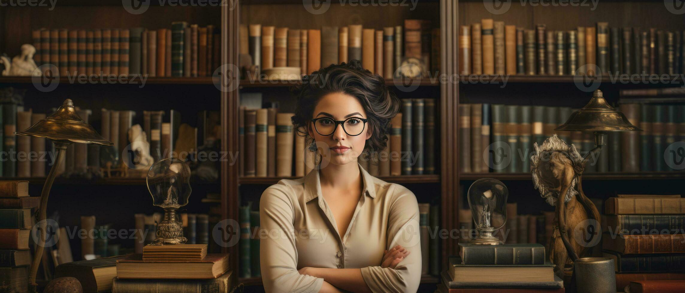 AI generated Trendy female student sitting among bookshelves in an old university library, deeply engrossed in studying. photo