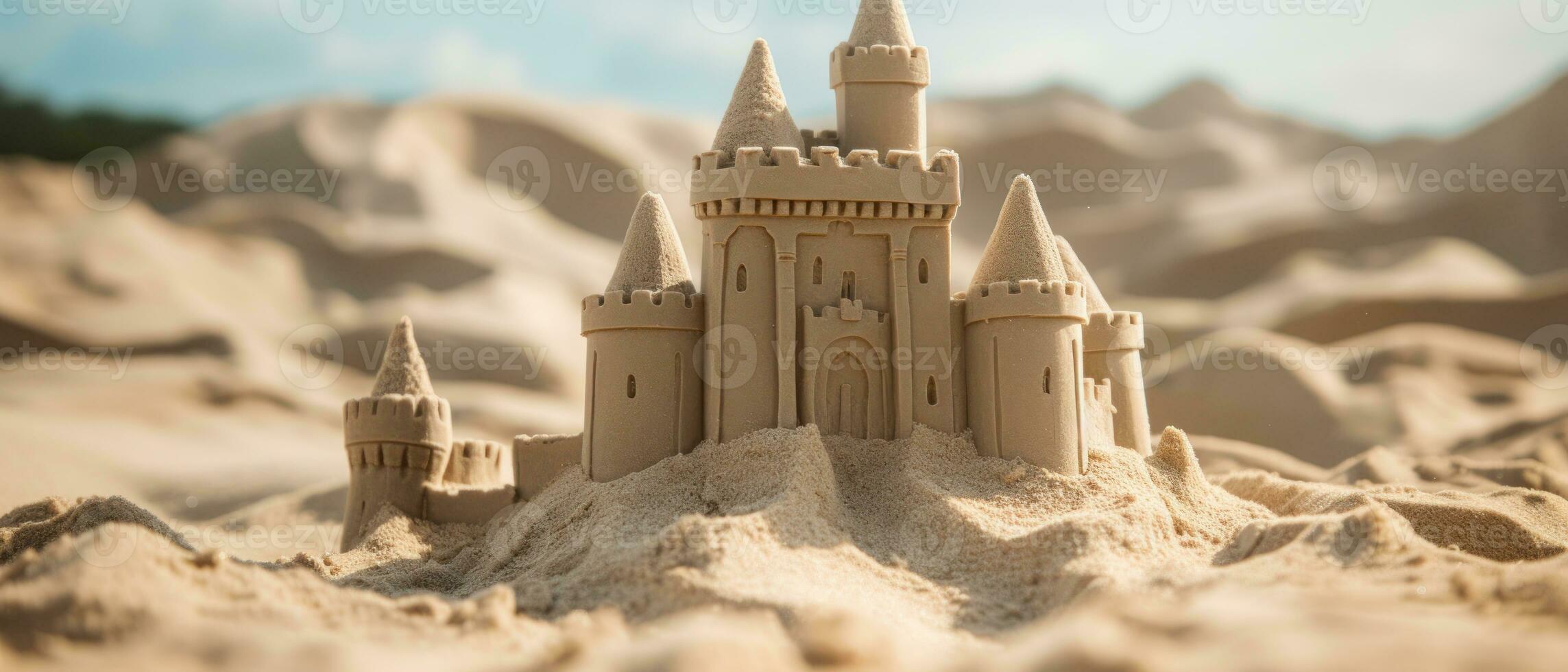 AI generated Meticulously crafted sandcastle against the ocean. AI generative. photo