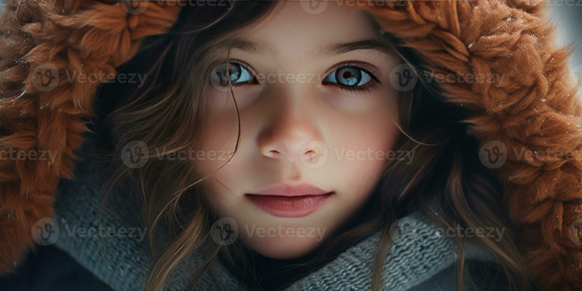 AI generated Girl in winter coat and orange scarf. AI generative. photo