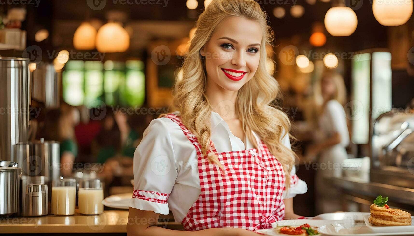 AI generated a woman in an apron holding a plate of food photo