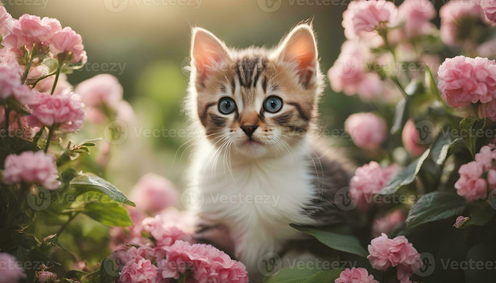 AI generated a kitten is sitting in the middle of pink flowers photo