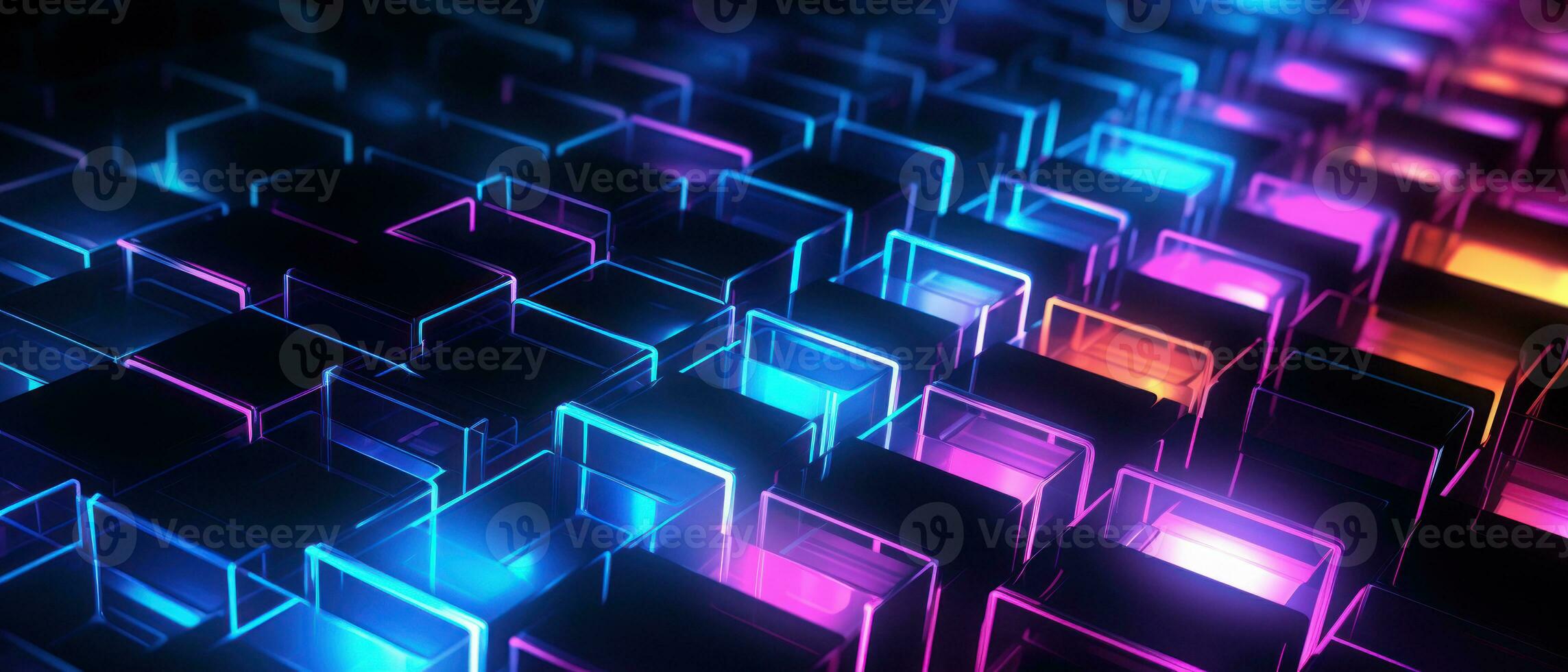 AI generated Bright neon elements and 3D cubes create a modern, tech-savvy atmosphere. photo