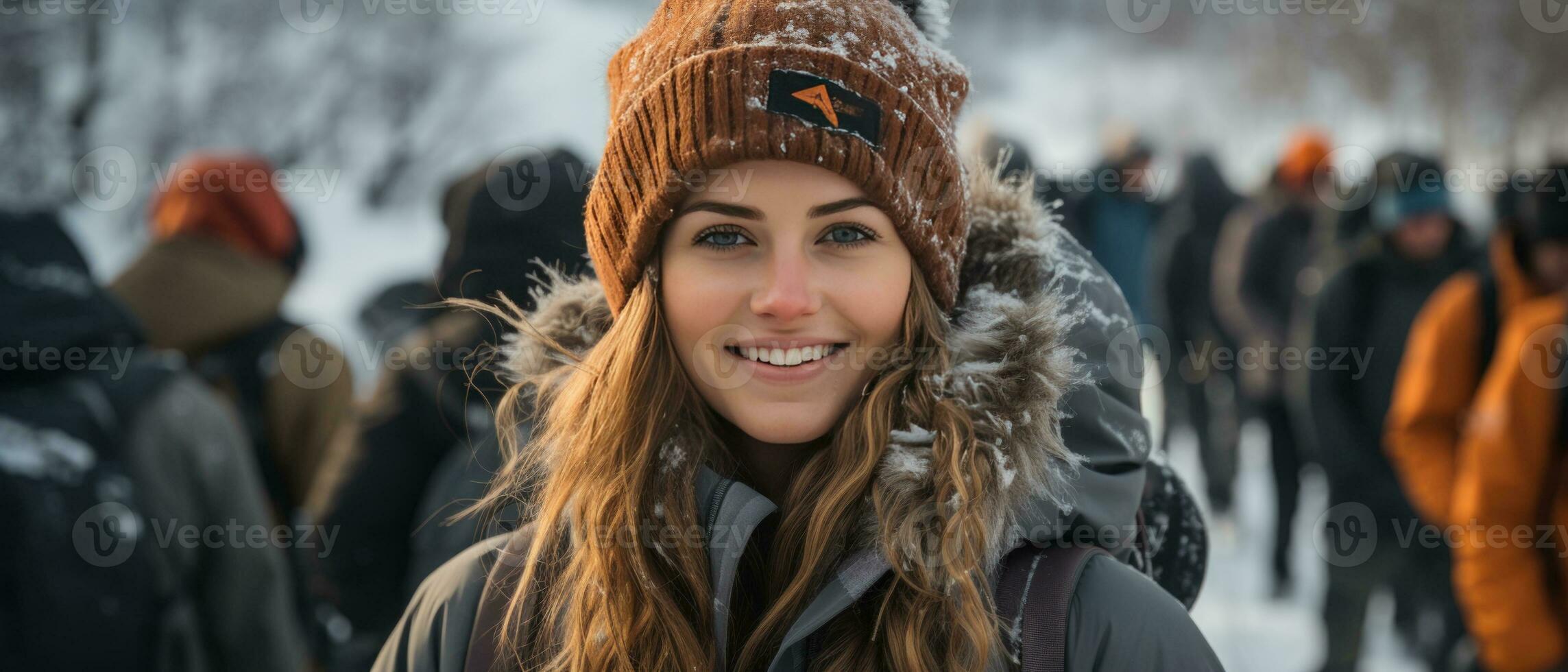 AI generated Photo of a joyful young woman on a winter adventure, her smile radiating happiness against a snowy backdrop.