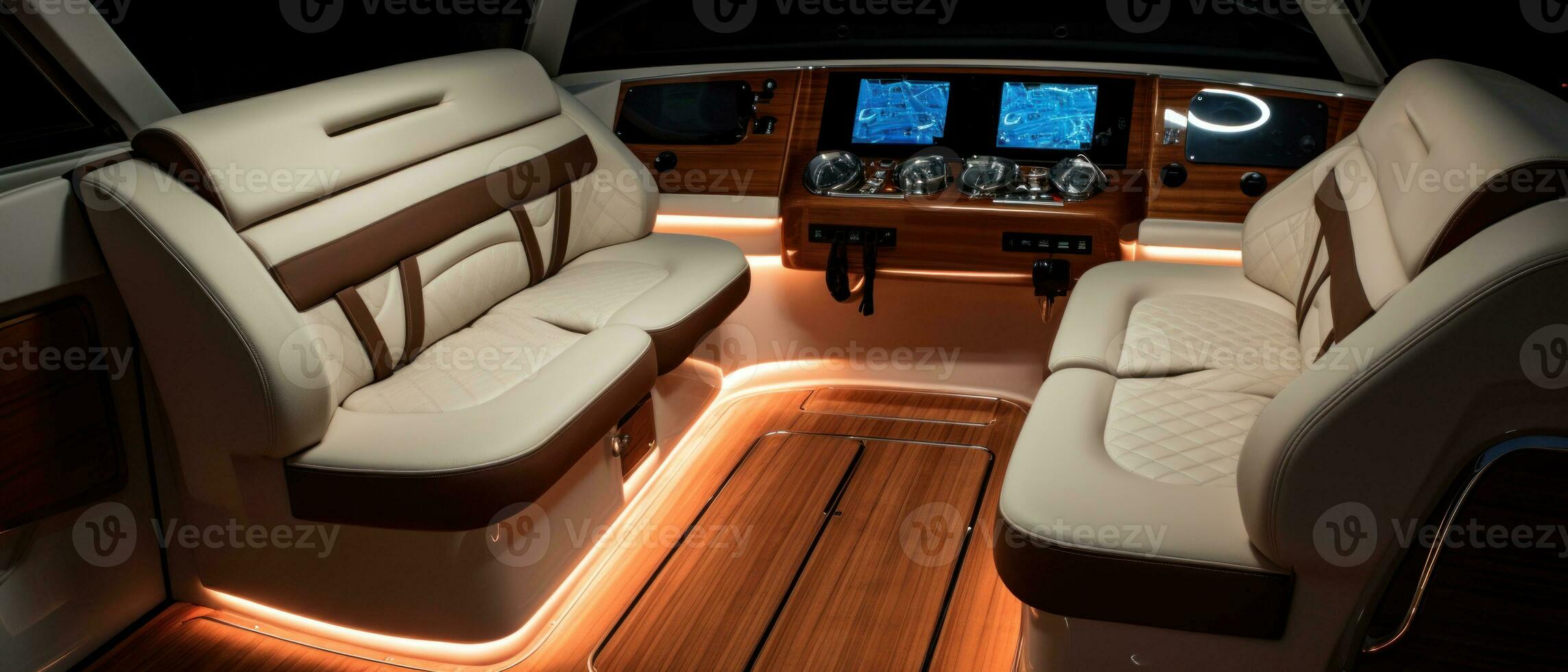 AI generated Luxury boat interior at sunset, ambient lighting. AI generative. photo