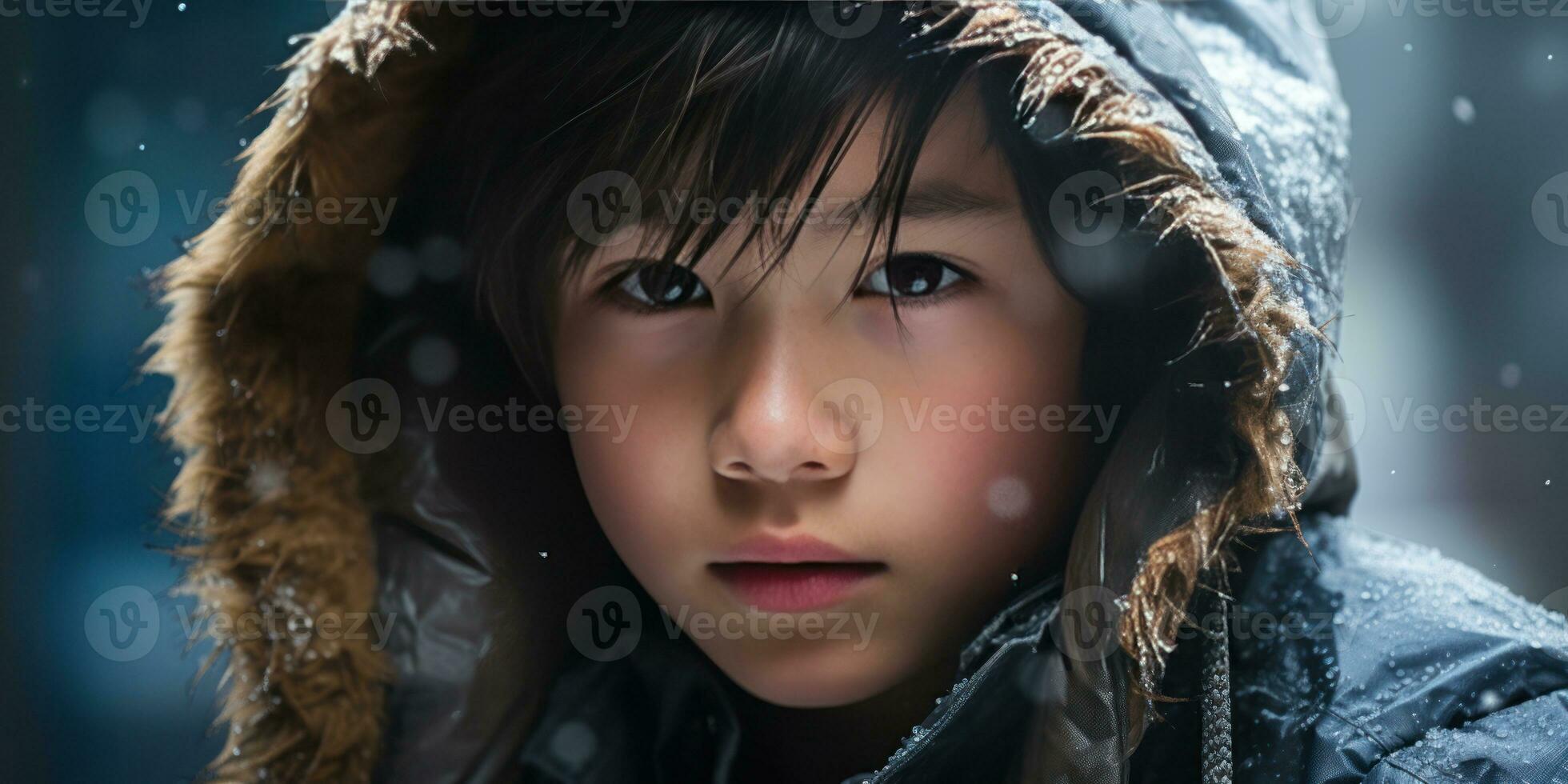 AI generated Close-up of a young Asian boy in winter attire. AI generative. photo