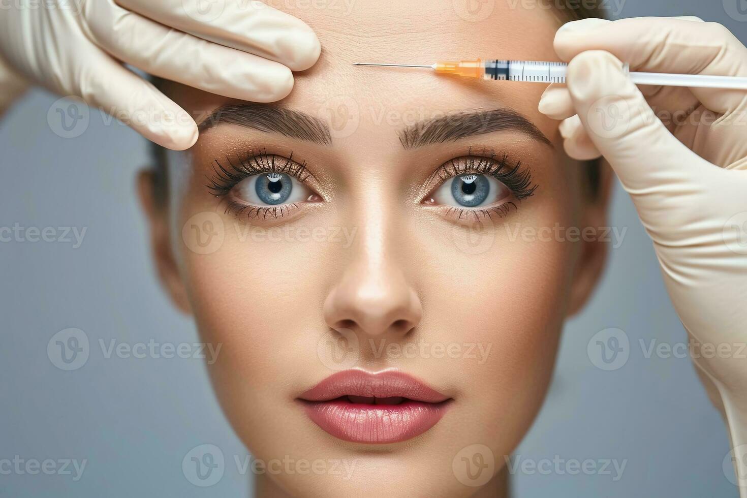 AI generated A beautiful woman receives botox injections in her forehead. AI Generated photo