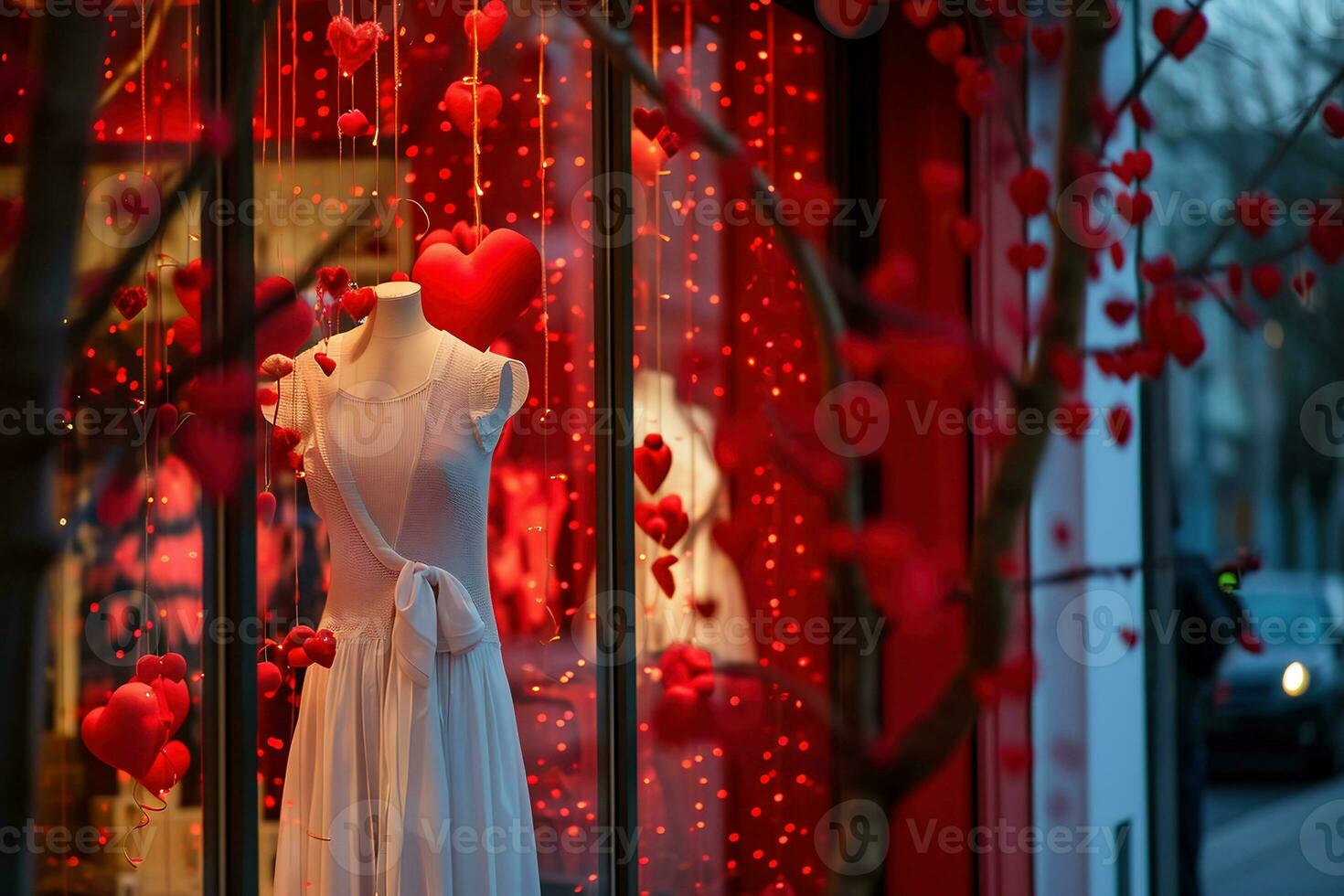 ai generado el tienda ventana es festivamente decorado para San Valentín día. ventas y promociones Hasta que San Valentín día. foto