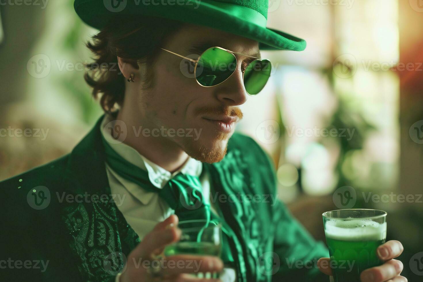 AI generated St. Patrick's Day party fun wearing man in a green suit and hat with a glass of coctail photo