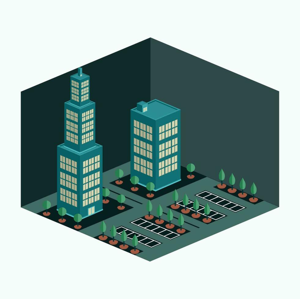vector ilustración - torre y sencillo negocio edificio ciudad bohordo - isométrica dibujos animados estilo