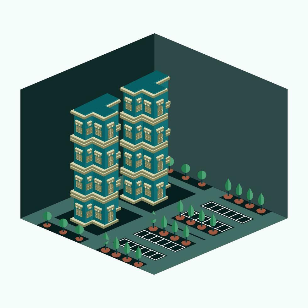 vector illustration - vintage twin apartment building - isometric cartoon style